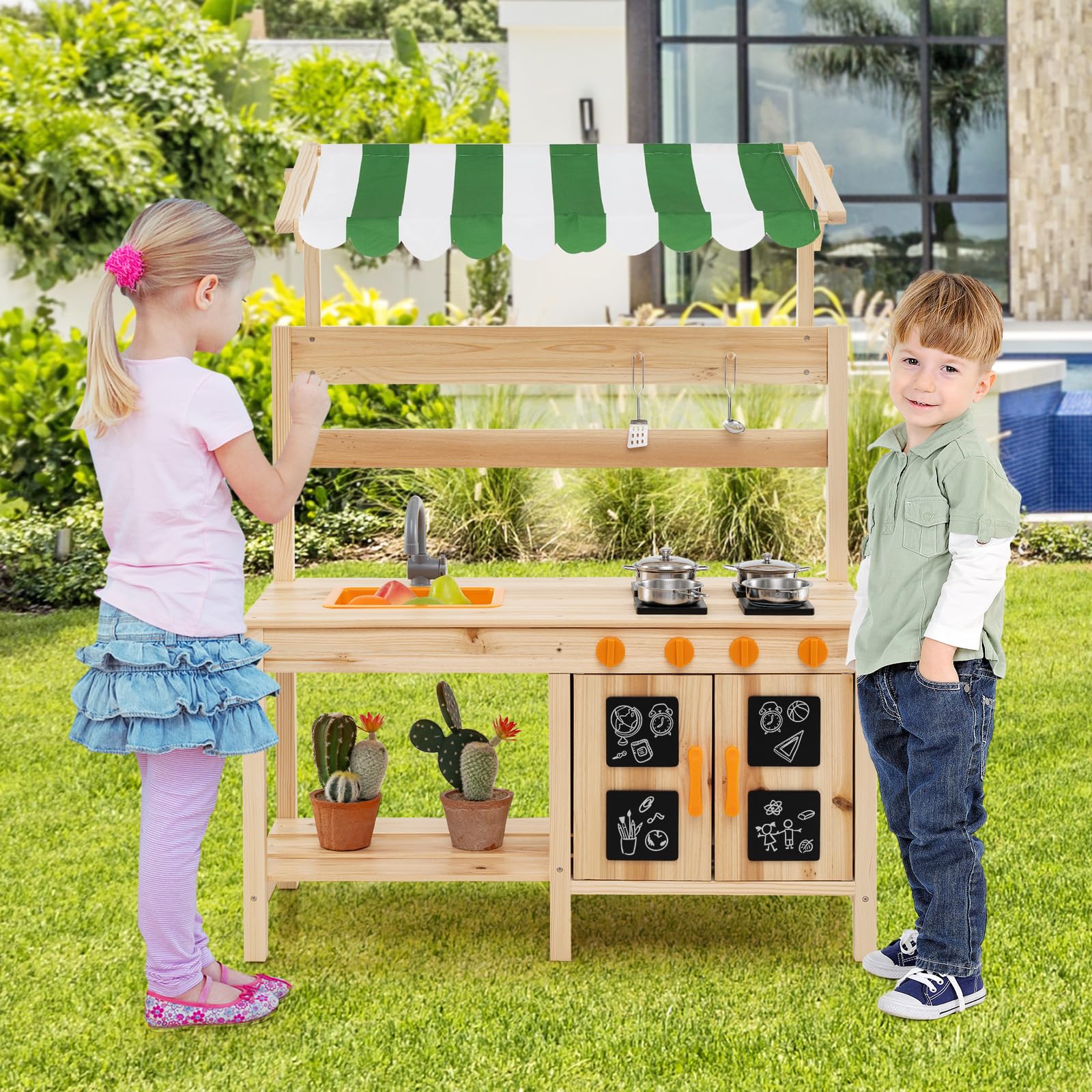 COSTWAY Matschküche Kinder Outdoor, Kinderküche Tannenholz mit Überdachung & Abnehmbarer Spüle & 4 Kochherden & Tafeln, Spielküche mit Zubehör für Kinder ab 3 Jahren