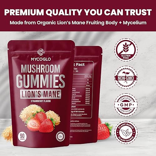 Miniatura 4 de Gomitas orgánicas de melena de león  Deliciosa gomita de melena de león con sabor a fresa  Mezcla de 10 superalimentos de hongos  Apoya la