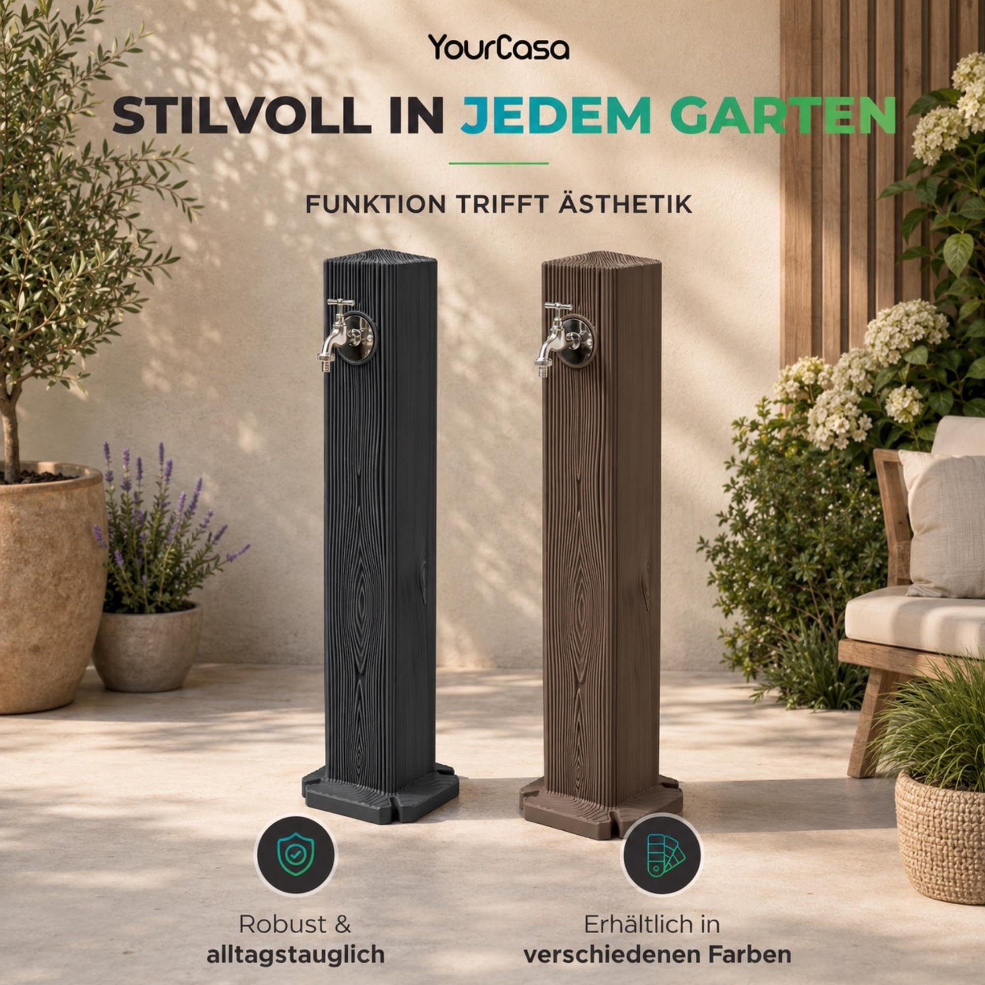 YourCasa Timberline - Colonna d'acqua da giardino, 90 cm, effetto legno, con rubinetto da 1/2", resistente ai raggi UV, prodotto in Europa (marrone)