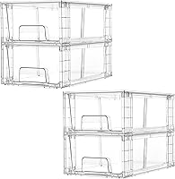 Vtopmart 4-Pack Clear Stackable Acrylic Storage Drawers with Handles - Easy Assembly for Fridge, Pantry, Bathroom Undersink & Kitchen Organization