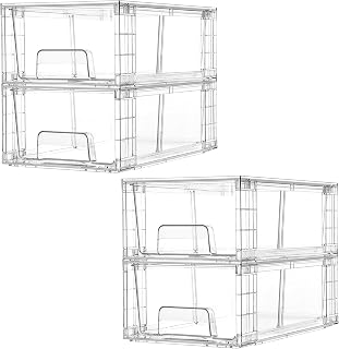 Vtopmart 4-Pack Clear Stackable Acrylic Storage Drawers with Handles - Easy Assembly for Fridge, Pantry, Bathroom Undersink & Kitchen Organization