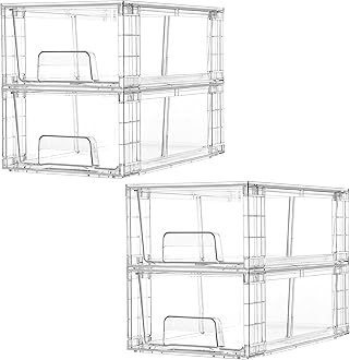 Vtopmart 4 Pack Large Stackable Storage Drawers, Clear Acrylic Organizers with Handles, Easily Assemble for Fridge, Bathroom, Kitchen Undersink, Cabinet, Pantry Organization