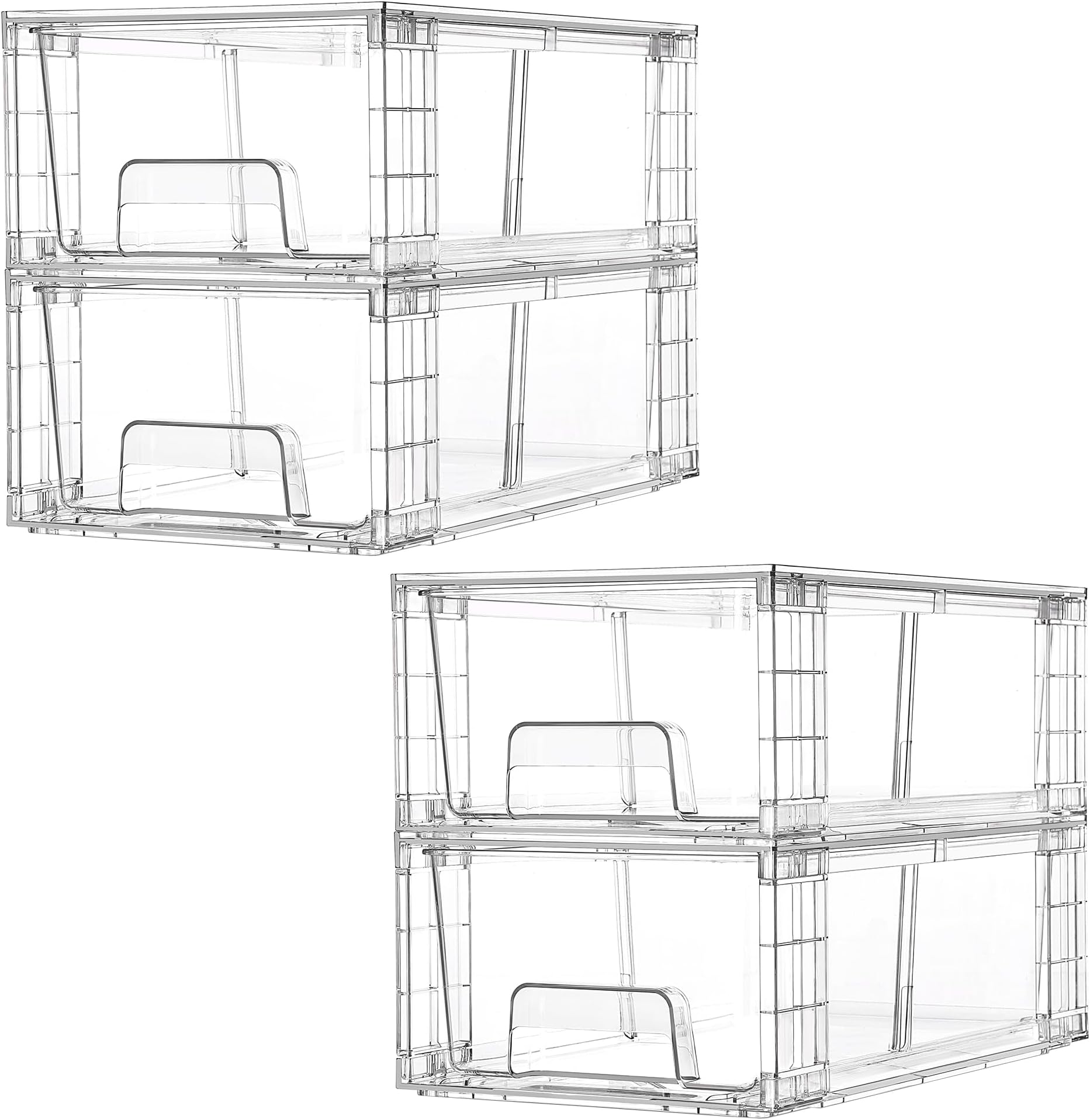 Vtopmart 4 Pack Stackable Storage Drawers,Clear Acrylic Drawer Organizers with Handles, Easily Assemble for Fridge, Bathroom,Kitchen Undersink,Cabinet,Pantry Organization and Storage