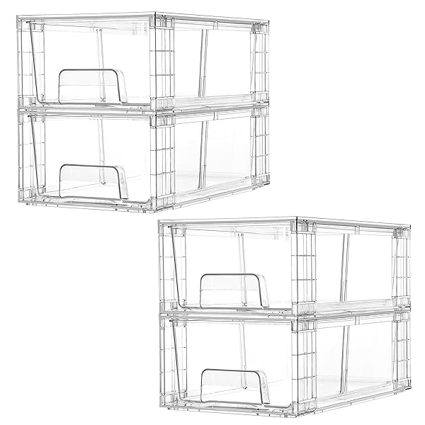 Vtopmart 4 Pack Stackable Storage Drawers,Clear Acrylic Drawer Organizers with Handles, Easily Assemble for Fridge, Bathroom,Kitchen Undersink,Cabinet,Pantry Organization and Storage