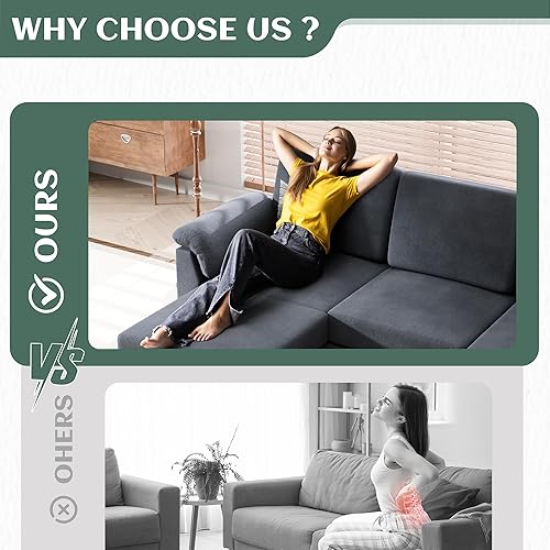 Miniatura 5 de Vongrasig Sofá modular convertible, sofá en forma de L de 3 asientos con almohadas extraíbles, tela de lino, sofá pequeño de mediados de siglo para