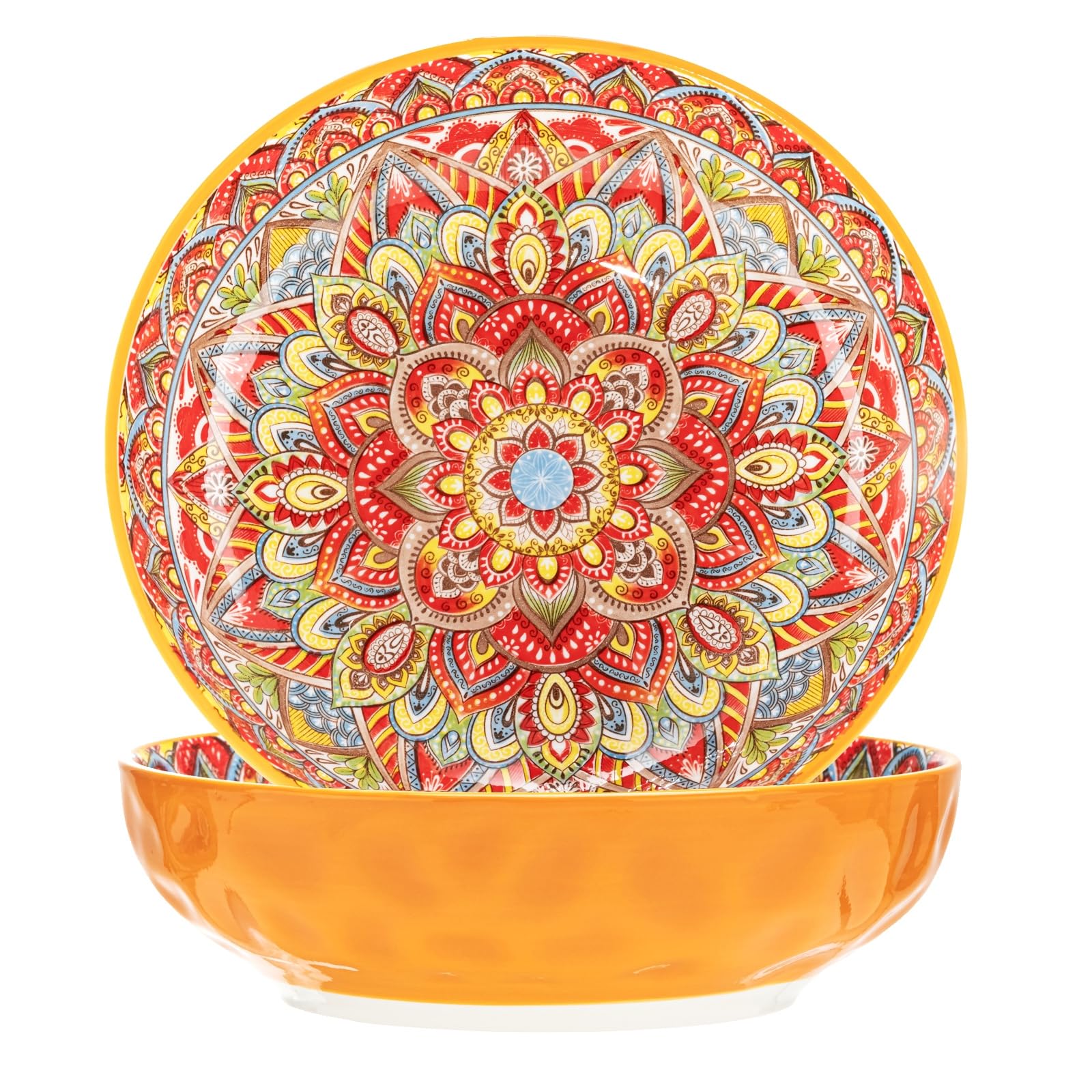 Boho Large Serving Bowls, 10.2 Inch Fruit Salad Bowls, Decorative Serving Dishes for Entertaining, 80 OZ Pasta Bowls Set of 2, Vibrant Colorful Soup Bowls for Party, Home Decor, Bohemian Style Gift