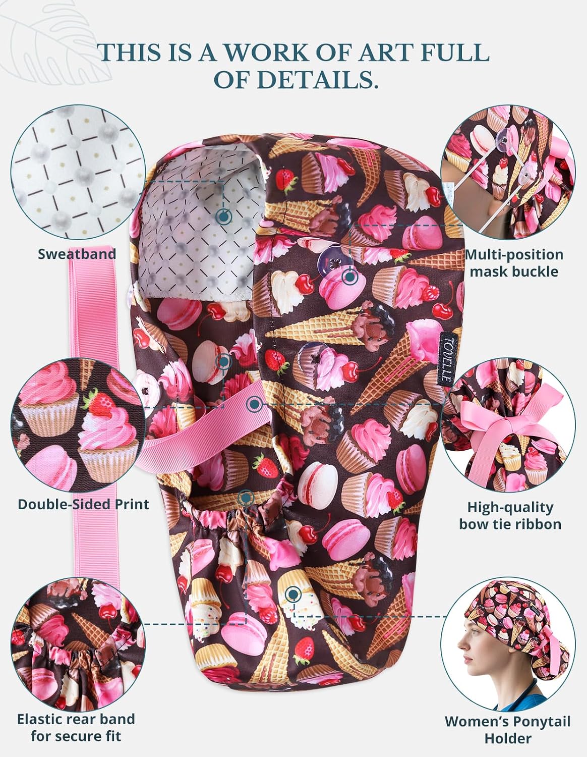 Scrub Caps Women Ponytail – Ice Cream Cupcakee Double-Sided Printed Surgical Hat with Buttons and Sweatband, Soft Nurse Cap for Long Hair, Helps Reduce Static Buildup