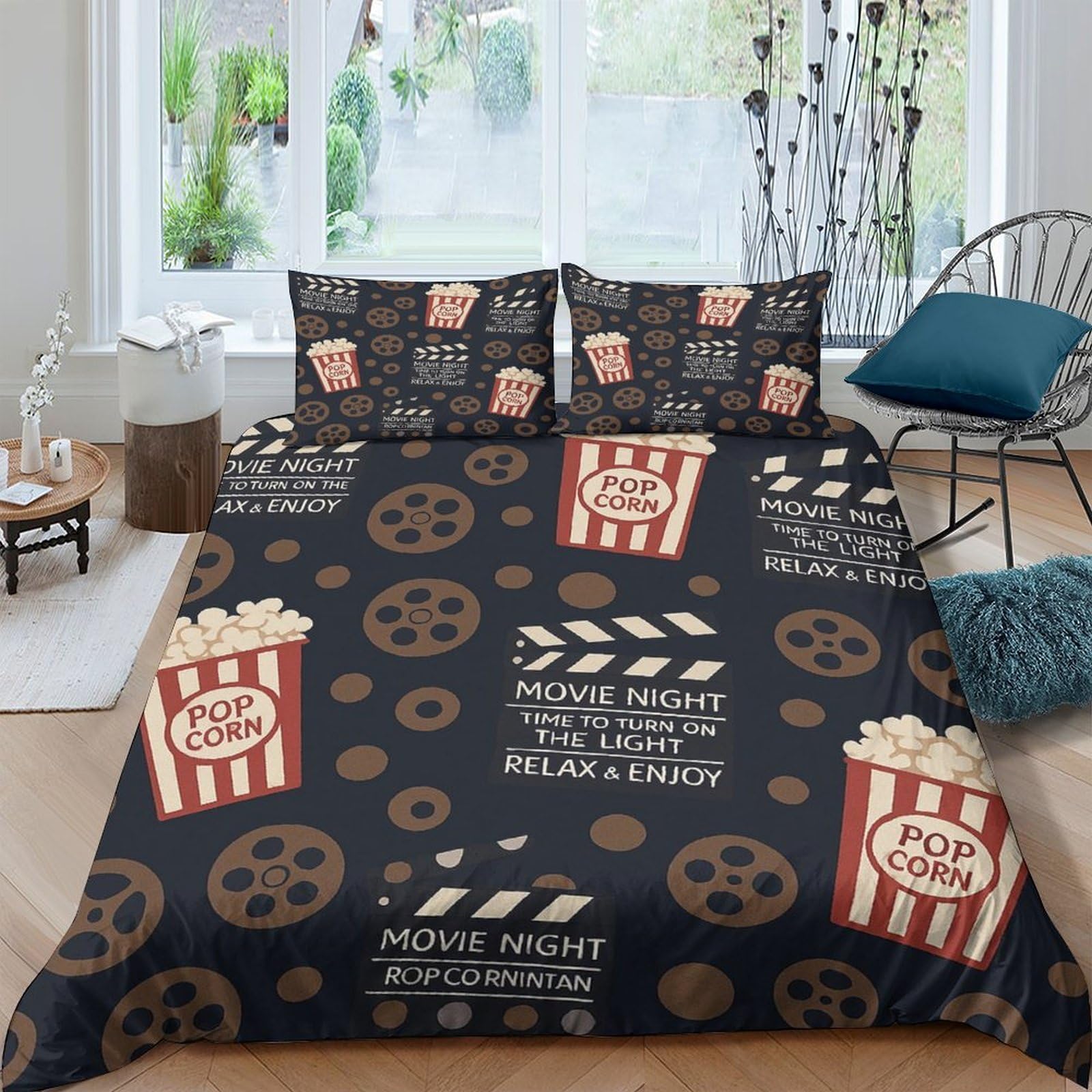 Ctjqhvkz Style-4 3D Printed Movie Popcorn Fitted Sheet Microfiber Anti-Slip Film Reel Bed Cover For Bedroom Dorm Decor Washable Single（135X200cm）