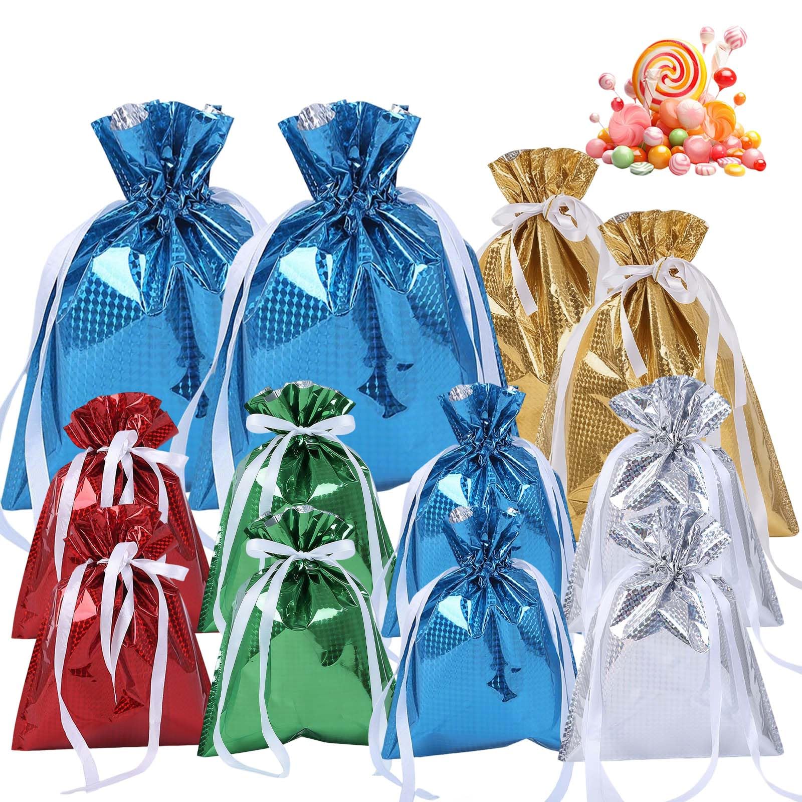 Solid Color Foil Gift Bag, 12 Pcs Drawstring Solid Color Present Wrapping Bags, 6 Color Shimmer Wrapping Bags, Reusable Large Christmas Foil Bags for Presents Birthday Wedding Party