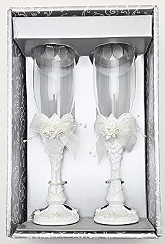 Elegant Wedding Toasting Flutes, White Polyresin Champagne Glasses with Rose Design and Crystal Accents, 9.5 Inch Decorative Set of 2