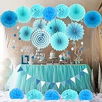 Vista 6 de ZERODECO - Decoración para fiestas, 21 abanicos de papel azul colgantes, pompones, flores, guirnaldas, tiras de lunares y banderines triangulares
