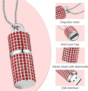USB Flash Drive,16GB/32GB/64GB/128GB Portable USB2.0 Memory Stick Secure Date Storage Pendrive Thumb Drives Rhinestone Pendant with Chain (Red, 64GB)