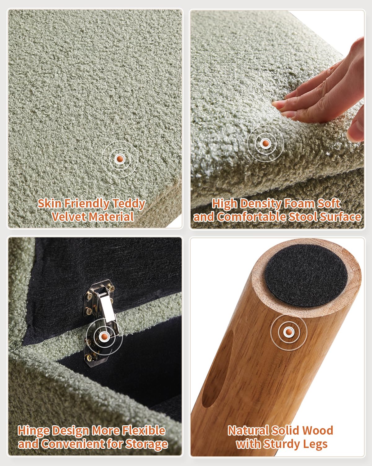 YMYNY Ottomano di Stoccaggio, Pouf Poggiapied, Piccolo Sgabello Con Gambe In Legno Robusto, Sgabello Contenitore Con Sedile Imbottito Per Soggiorno Camera Da Letto Ingresso 40 ×30 ×28CM Verde HBD042GR