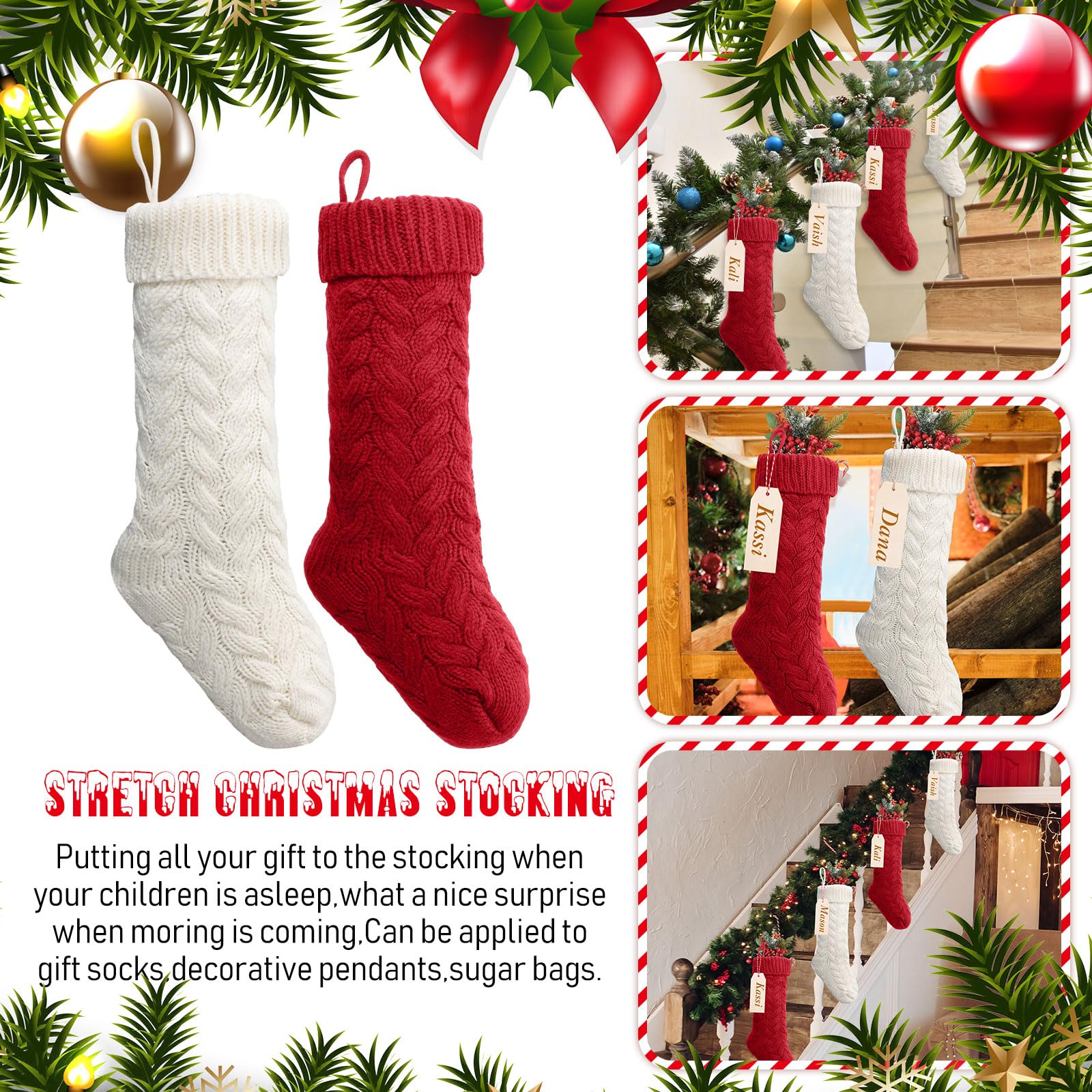 Lot de 6 chaussettes de Noël tricotées de 45,7 cm avec étiquettes de nom pour décoration de Noël en famille (bordeaux, blanc ivoire)