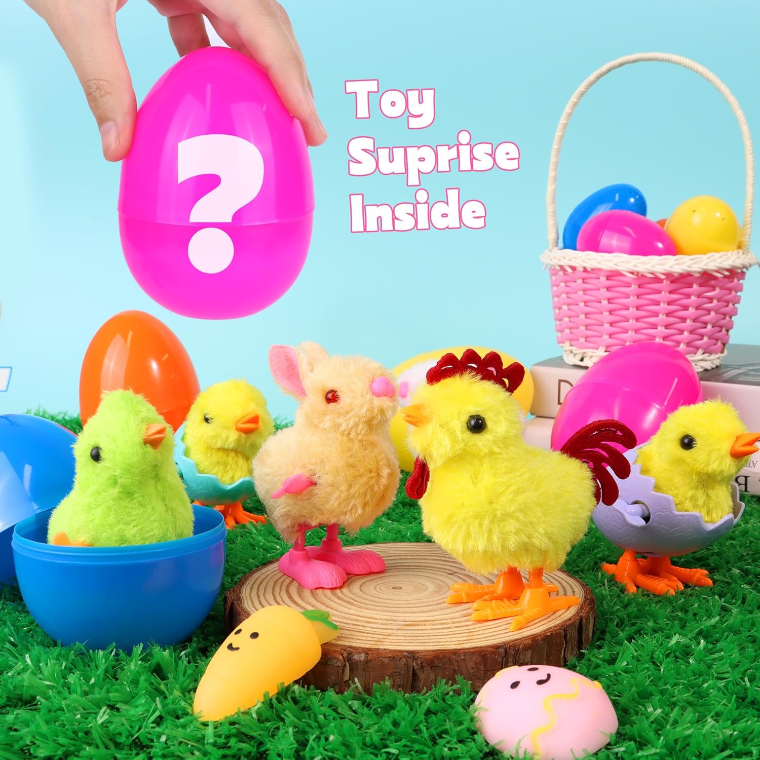 8 Pack Jumbo Easter Eggs Filled with Wind Up Toys Chicks Bunny Plush, Filled Easter Eggs with Toys Inside Easter Basket Stuffers Fillers Easter Egg Hunts Party Favor for Kids Boys Girls Toddler Teens