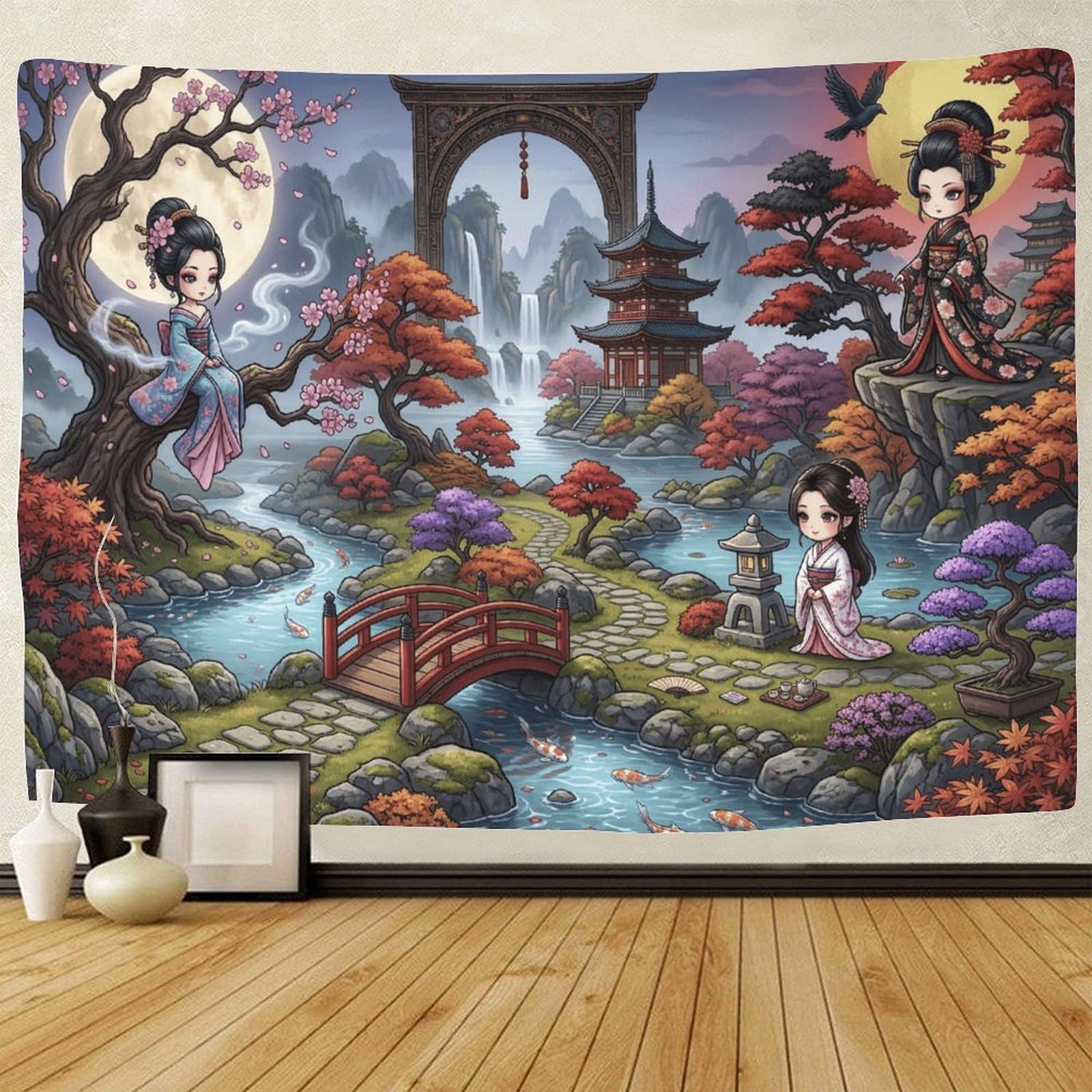 GPMNBCXZK Japanese Geisha 3D Printed Wall Art Sakura Decor for Dorm Bedroom Living Room Tapestry 70cmx100cm