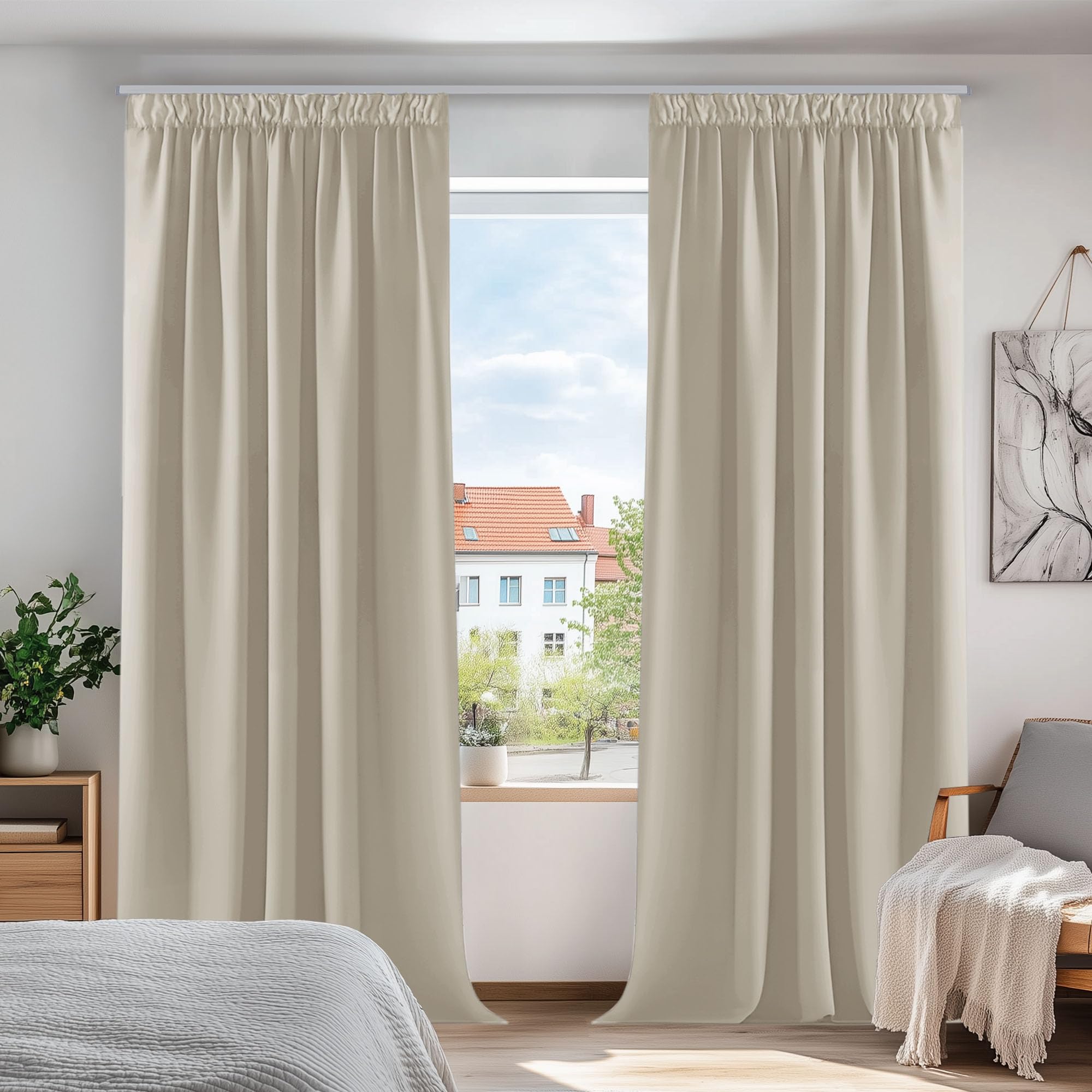 Deconovo Light Beige Solid Super Soft Thermal Insulated Pencil Pleat Room Darkening Curtains 46 X 90 Inch 2 Panels