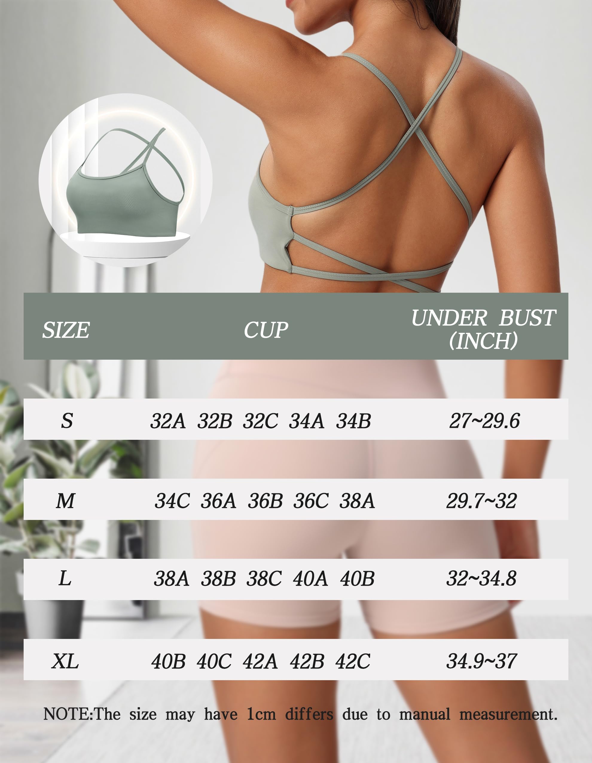 Brasier deportivo con tirantes delgados para mujer, espalda abierta cruzada, acolchado extraíble, camiseta corta de bajo impacto para entrenamiento de yoga