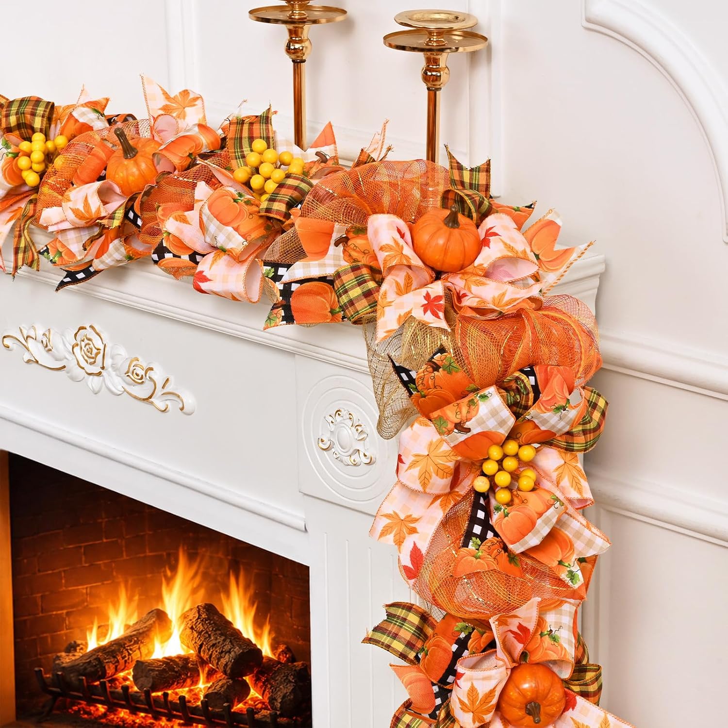 Waipfaru 6 FT Fall Garland for Mantel, Autumn Garland with Pumpkin Ribbon & Berries, Thanksgiving Vine for Table Centerpiece, Fall Party Decor for Fireplace & Modern Farmhouse