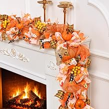 Waipfaru 6 FT Fall Garland for Mantel, Autumn Garland with Pumpkin Ribbon & Berries, Thanksgiving Vine for Table Centerpiece, Fall Party Decor for Fireplace & Modern Farmhouse