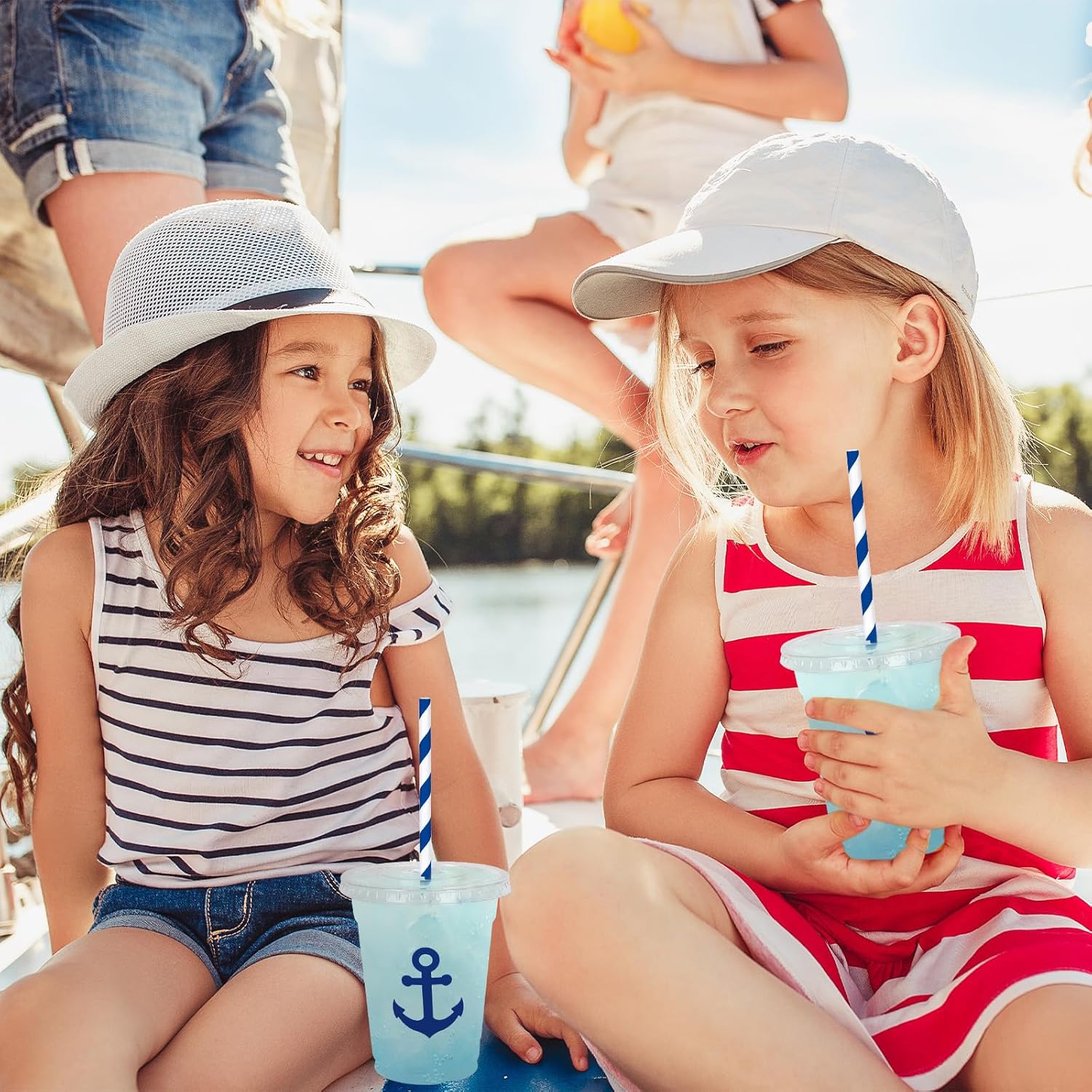Whaline 50Pcs Nautical Disposable Plastic Cups with Lids and Straws 12 Oz Blue Anchor Cold Beverage Drinking Cups for Ocean Theme Birthday Party Supplies