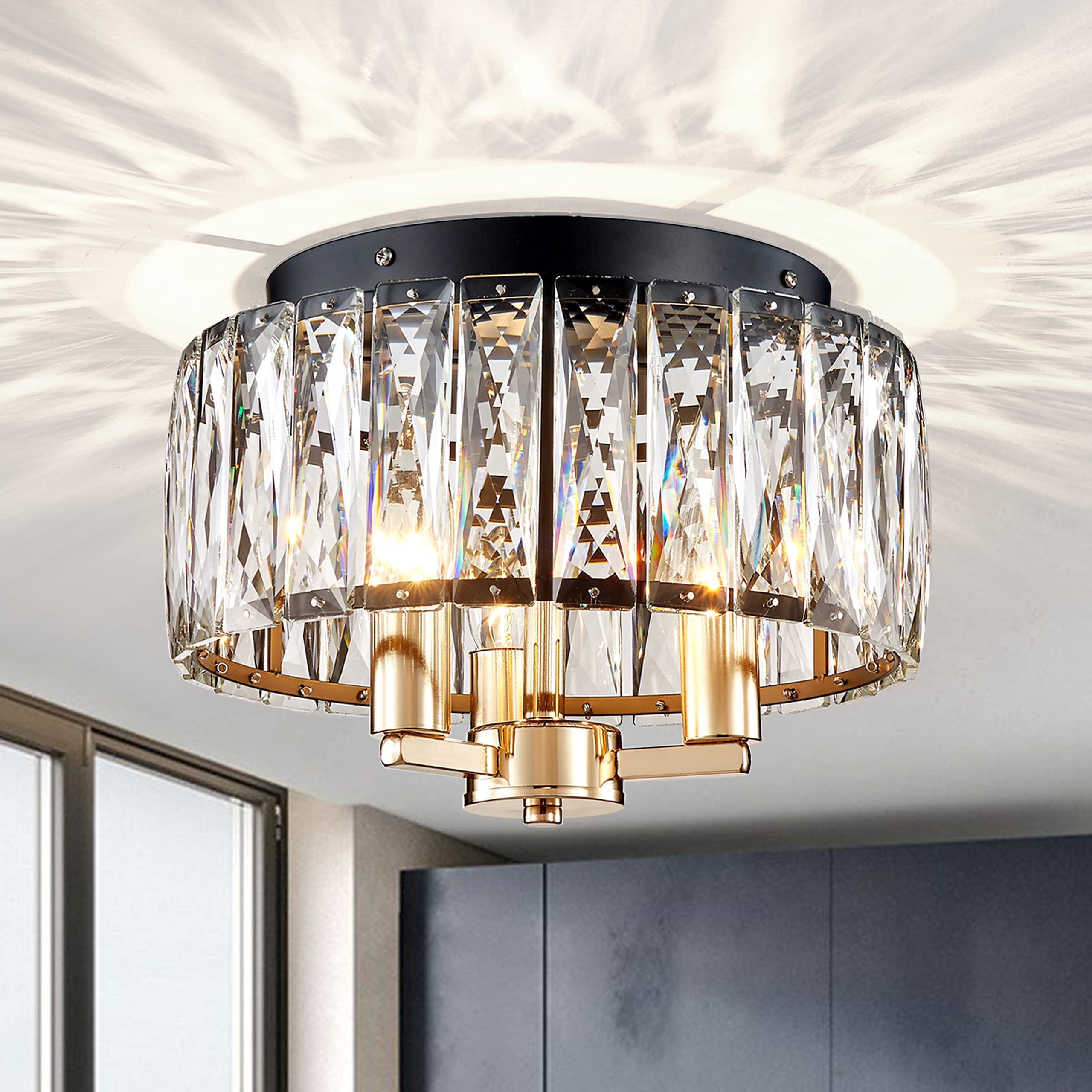 AGV LIGHTINGCL002BB Crystal Flush Mount Ceiling Light Fixture, E12 Base 3-Lights, D13 x H15, Shine Gold & Matte Black Finish