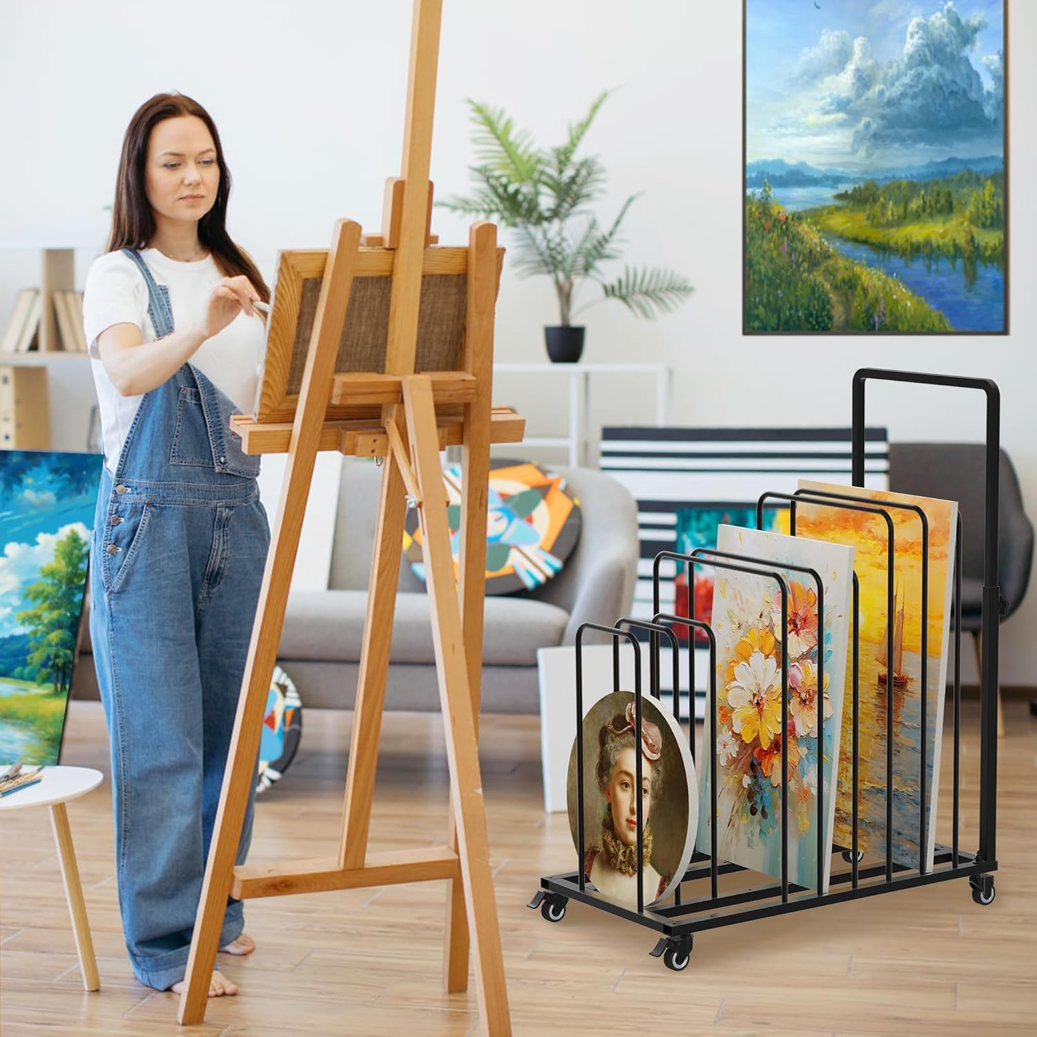 lukar Art Canvas Storage Rack with Handle, Metal Art Storage Rack with Wheels, Mobile Art Drying Rack, Rolling Art Canvas Organizer for Art Studio, Gallery, Artworks, Black