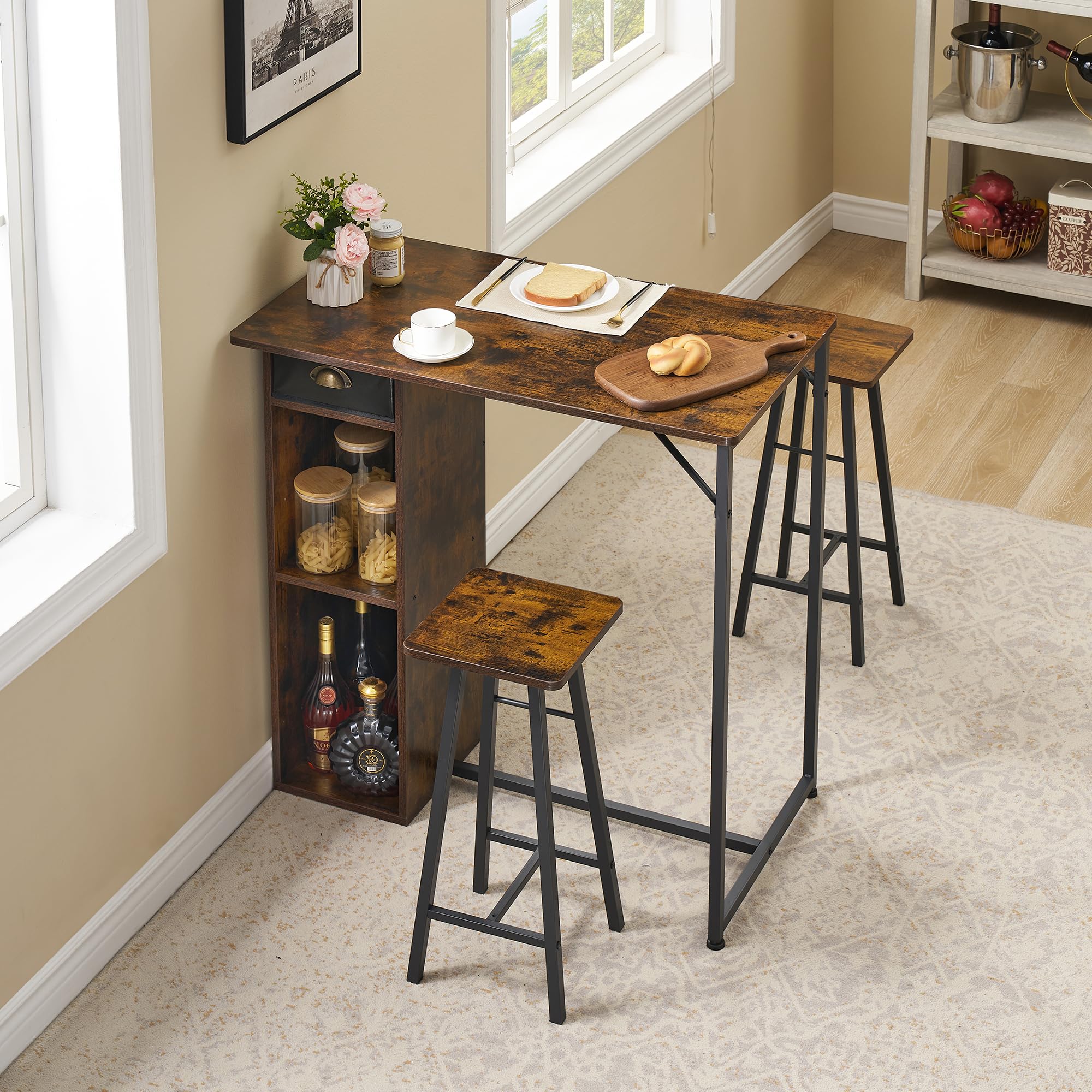 Juego de Comedor de 3 Piezas para 2 Personas, Mesa de Bar y 2 taburetes, Isla de Cocina de Altura de mostrador con estantes de Almacenamiento, cajón, Mesa pequeña de Cocina para Comedor