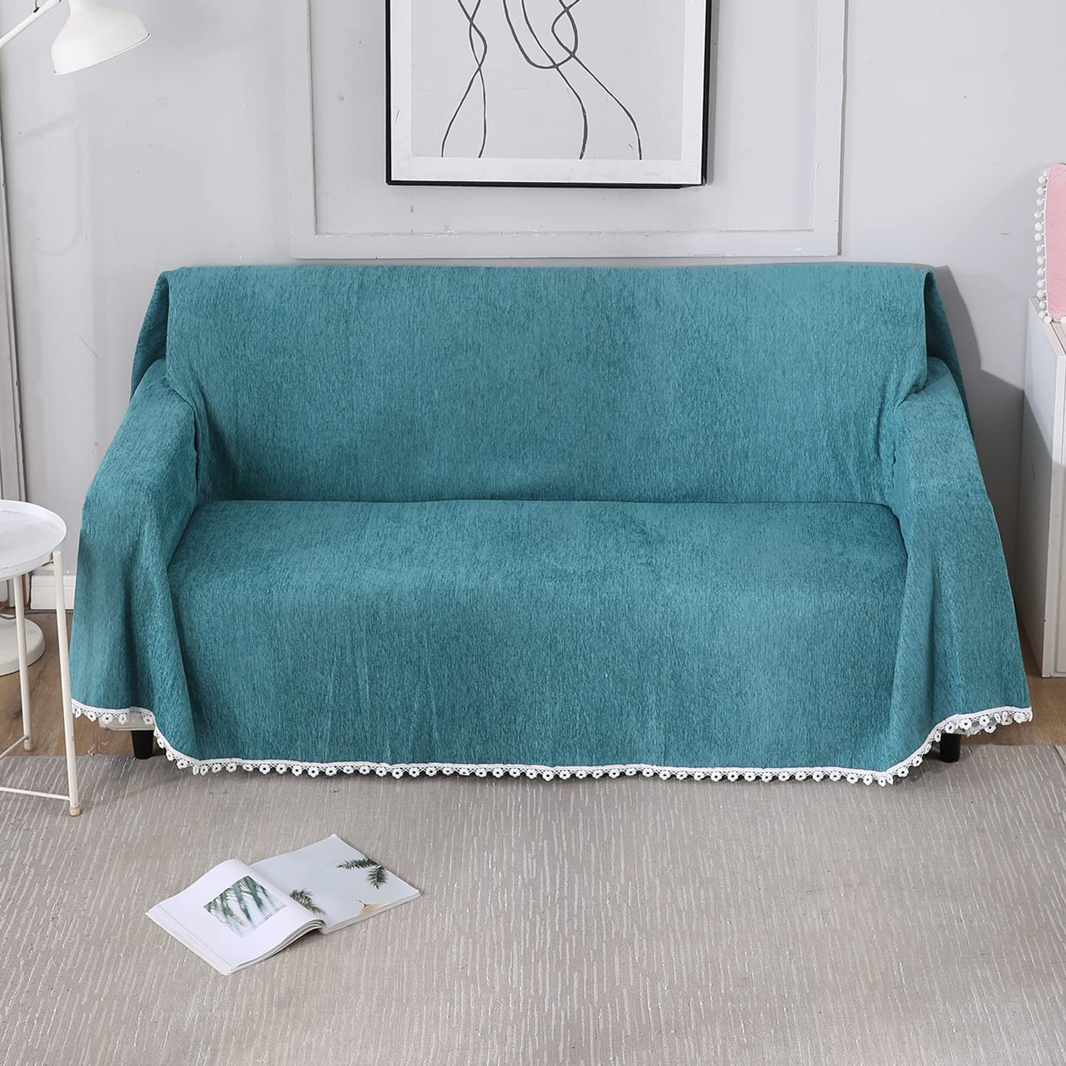HOKIPO Chenille Sofa Cover Thick And Soft Pet Friendly Throw Blanket 2 Seater, 180 (D) X 240 (L) Cm (Ar-4643-N4), Blue-image-0