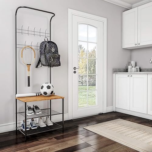 Miniatura 9 de Lavish Home Banco de entrada con perchero. Árbol de pasillo de metal con asiento, ganchos y almacenamiento de zapatos. Mueble rústico de granja