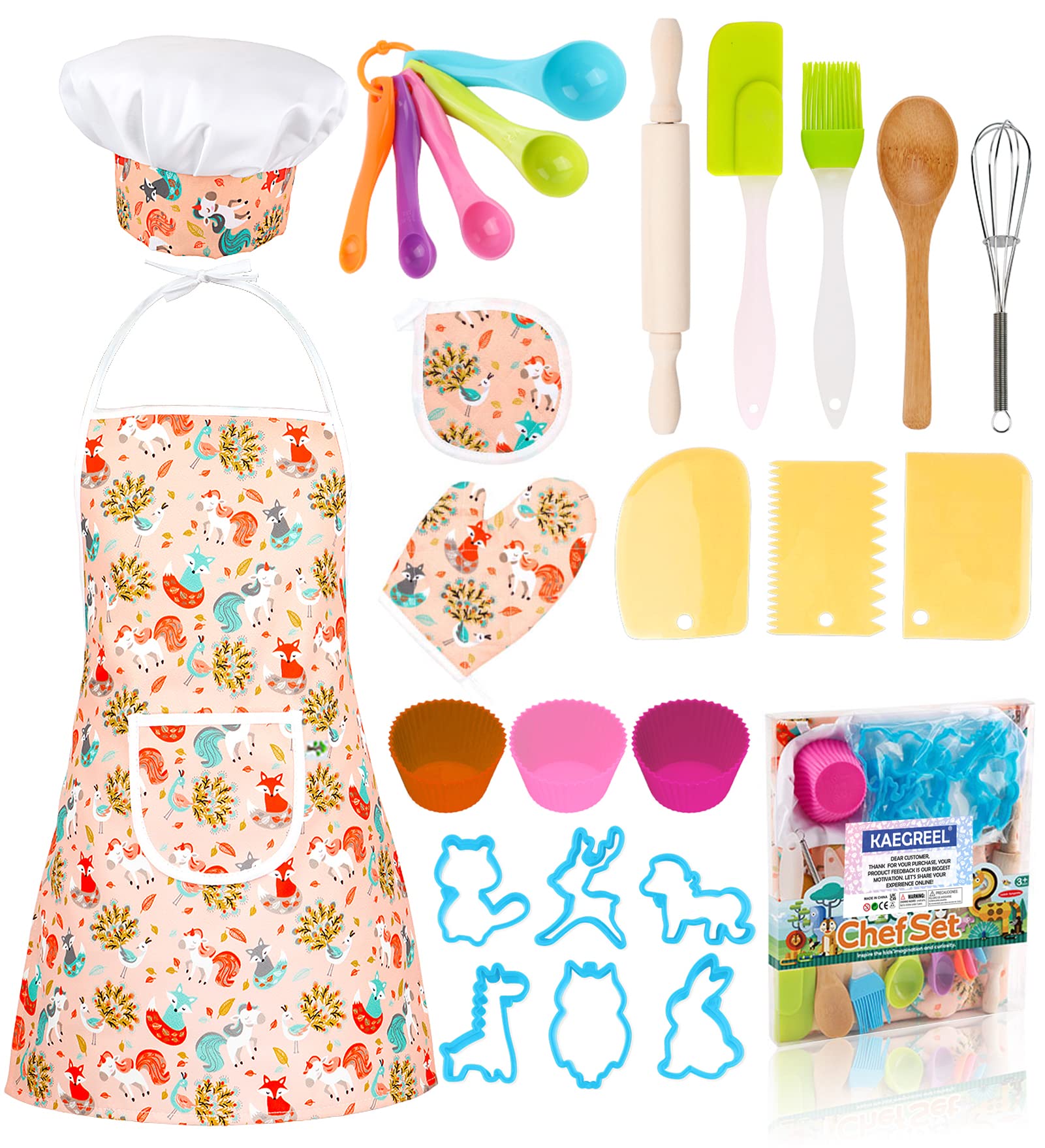 KAEGREEL Kids Baking Chef Set with Unicorn Apron, 26pcs Kitchen Toys Kid Cooking Set with Chef Hat Spoons Whisk, Chef Dress Up Role Play Gifts for Boys Girls 3 4 5 6 7 Years Old, Orange