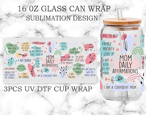 Miniatura 6 de Calcomanía de transferencia de vidrio UV DTF, 3 unidades, regalos de salud mental para mamá, mamá, transferencia diaria de manualidades, calcomanía