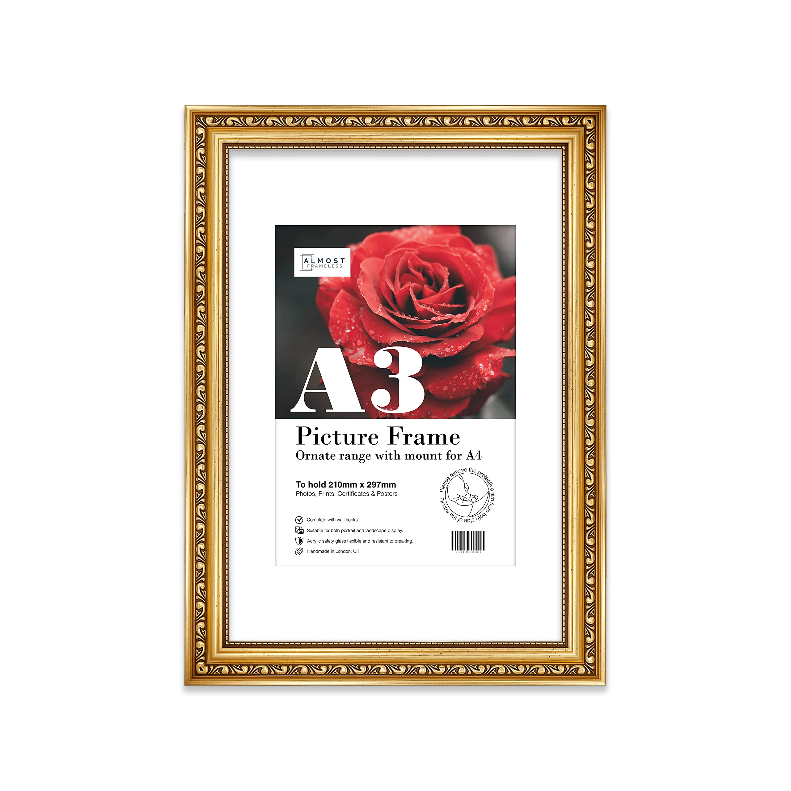 Almost Frameless A3 Gold Ornate Picture Frame With White Mount for A4 (21 x 29.7cm -8.3 x 11.7in) Poster, Photo, Artwork, or Print. Antique Style Portrait Landscape Display Wall Hooks