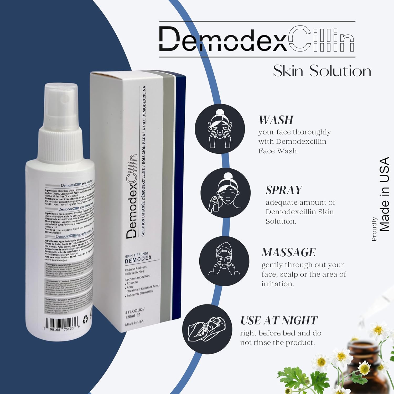 Demodexcillin Skin Solution 4.0 Fl.Oz. Recommended for Rosacea, Acne, Belpharitis & Seborrheic Dermatitis