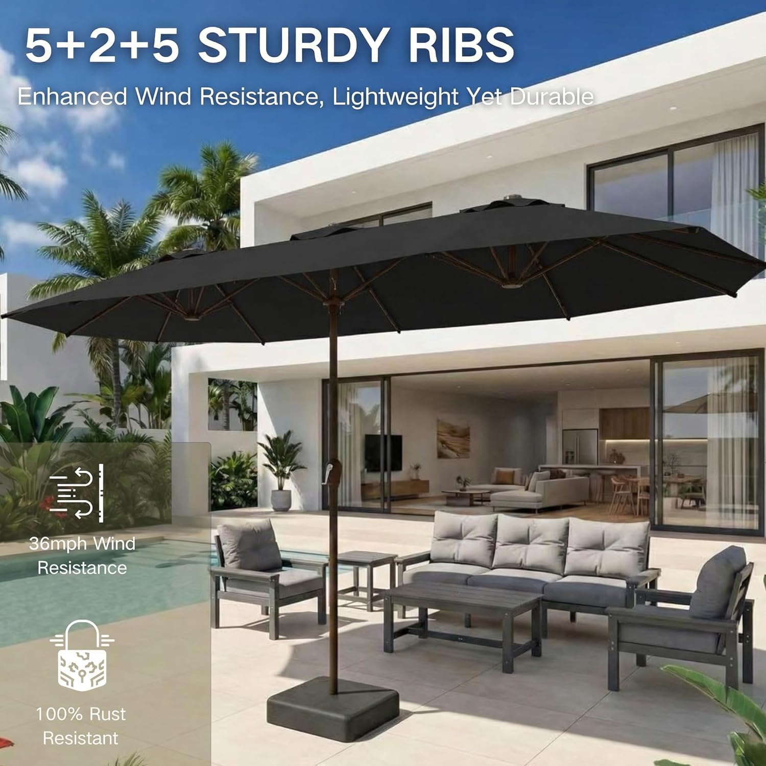 Kingdura 13ft Large Patio Umbrella with Base Included, Double-Sided Rectangle Outdoor Table Umbrella with 12 Reinforced Ribs, Crank Lift for Market Pool Deck Backyard, Black