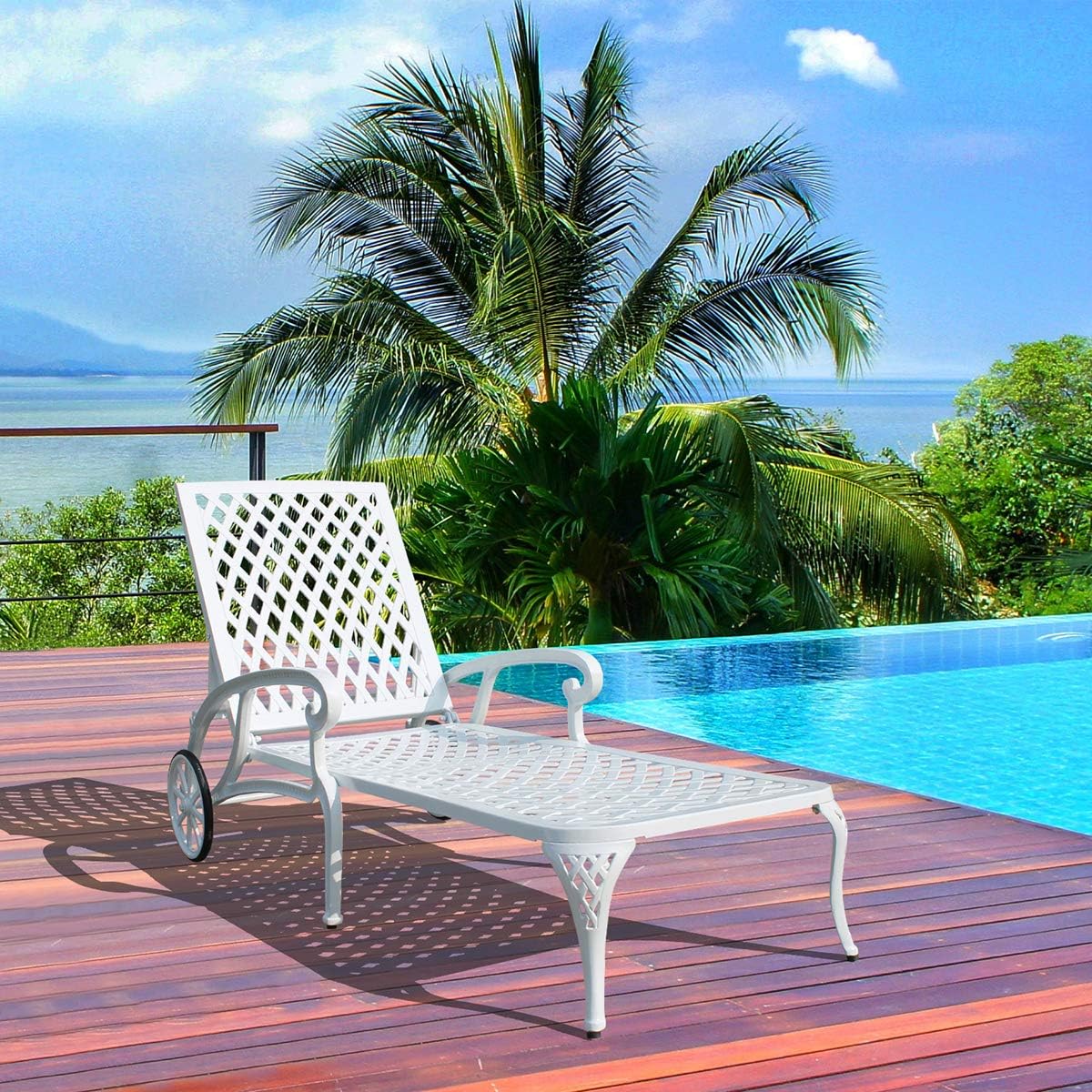 Outdoor Patio Chaise Lounge with Wheels, Aluminum Cast Tanning Chair with 3-Position Adjustable Backrest & Armrests ，Ergonomic Pool Beach Chairs for Adults Balcony Poolside Backyard Porch (White)