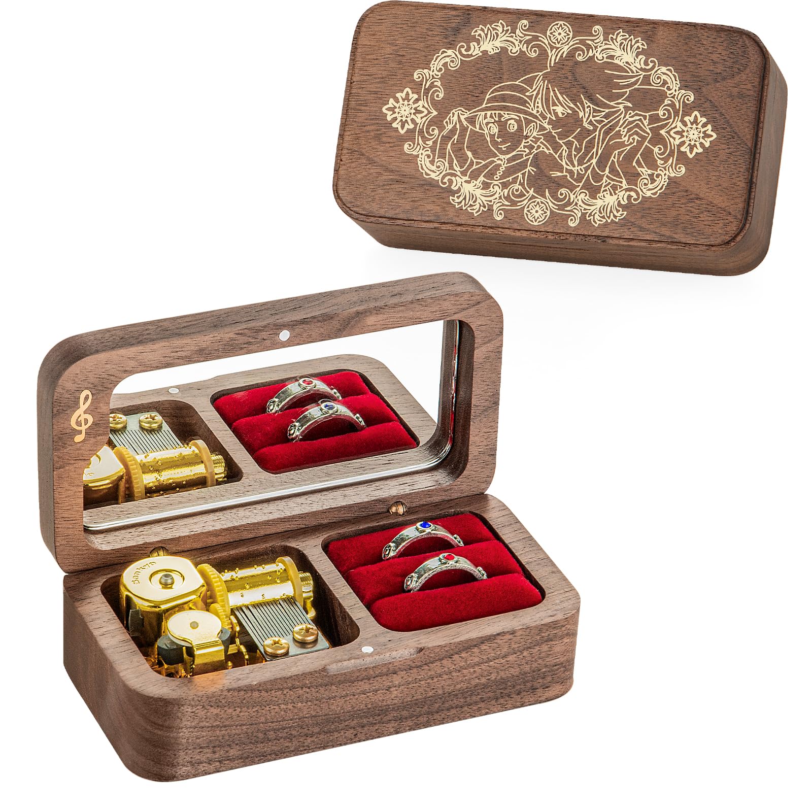 MelodiaCraft Merry Go Round of Life Music Box with Adjustable Rings, Wind up Wedding Ring Musical Boxes Gifts for Anniversary Birthday Christmas (Walnut)