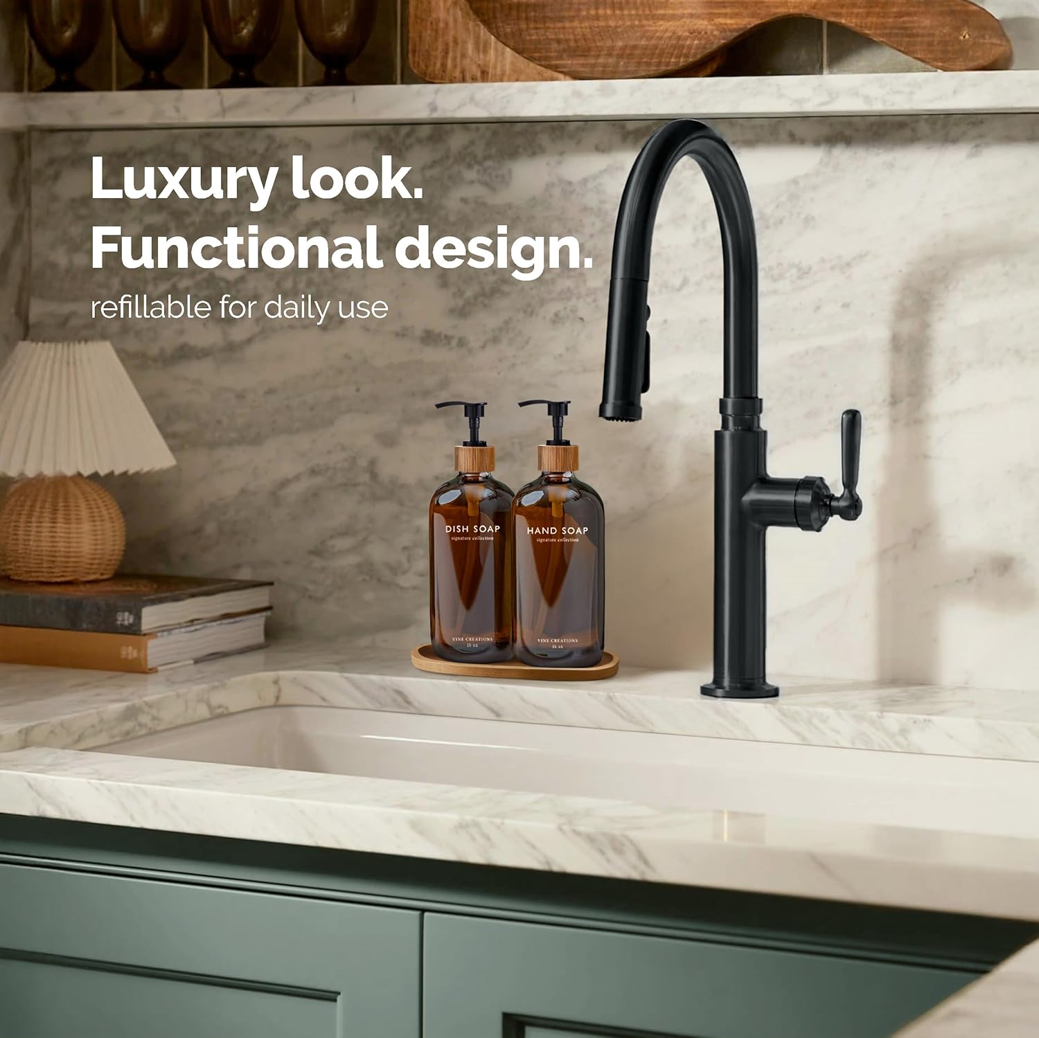 Vine Creations Amber Glass Soap Dispenser Set, Hand Soap and Dish Soap Dispenser Set with Bamboo Tray, 16 oz Glass Dispensers Bottle for Kitchen and Bathroom Decor Modern Boho with Bamboo Pump (Amber) - Image 3