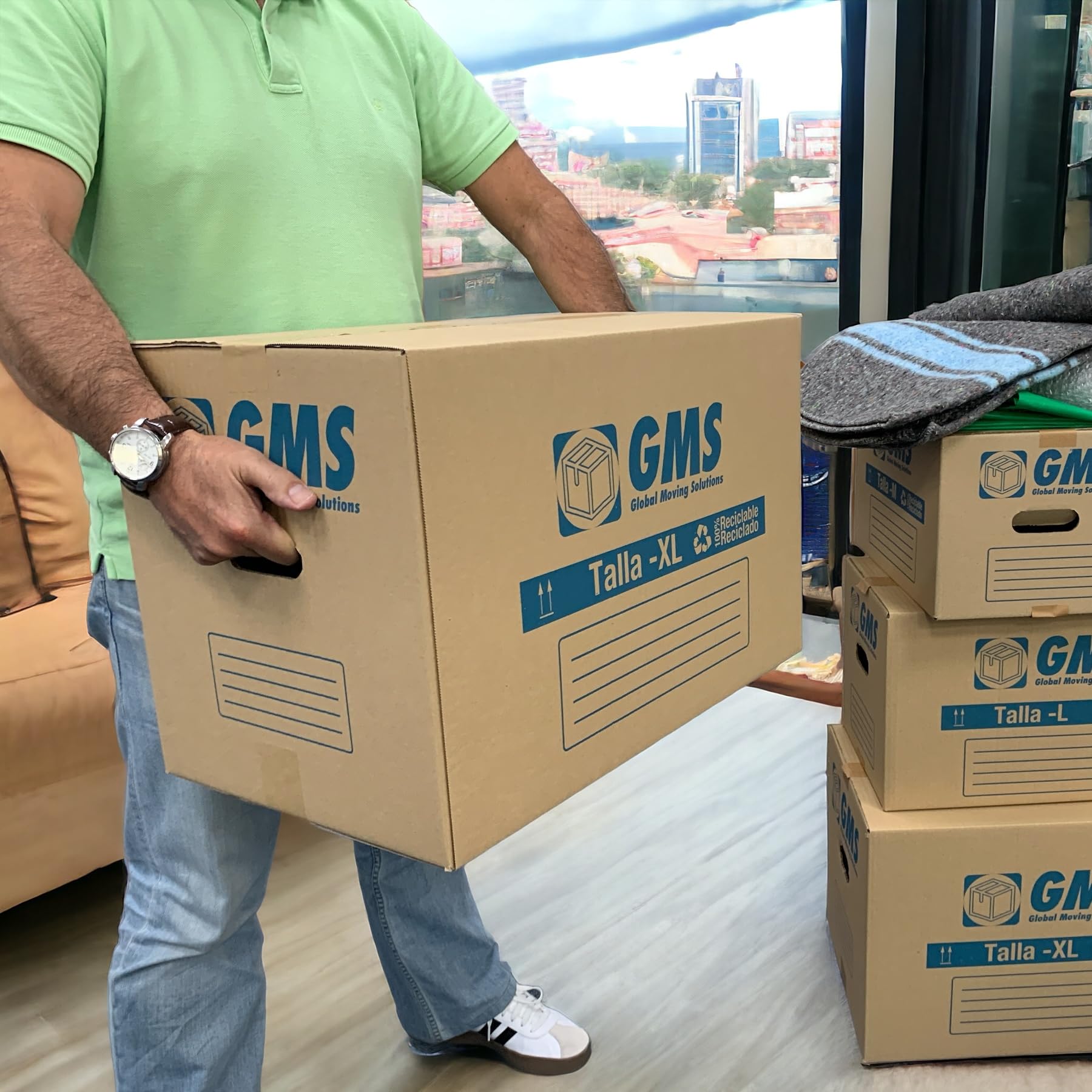 GMS - 20 Cajas Cartón Mudanza 50x30x30cm Talla L de 45L + Burbuja + Precinto Para Mudanzas y Almacenaje con Asas y Con Burbuja. Cartón Alta Resistencia (20Cajas 50x30x30cm + Burbuja+Precinto)