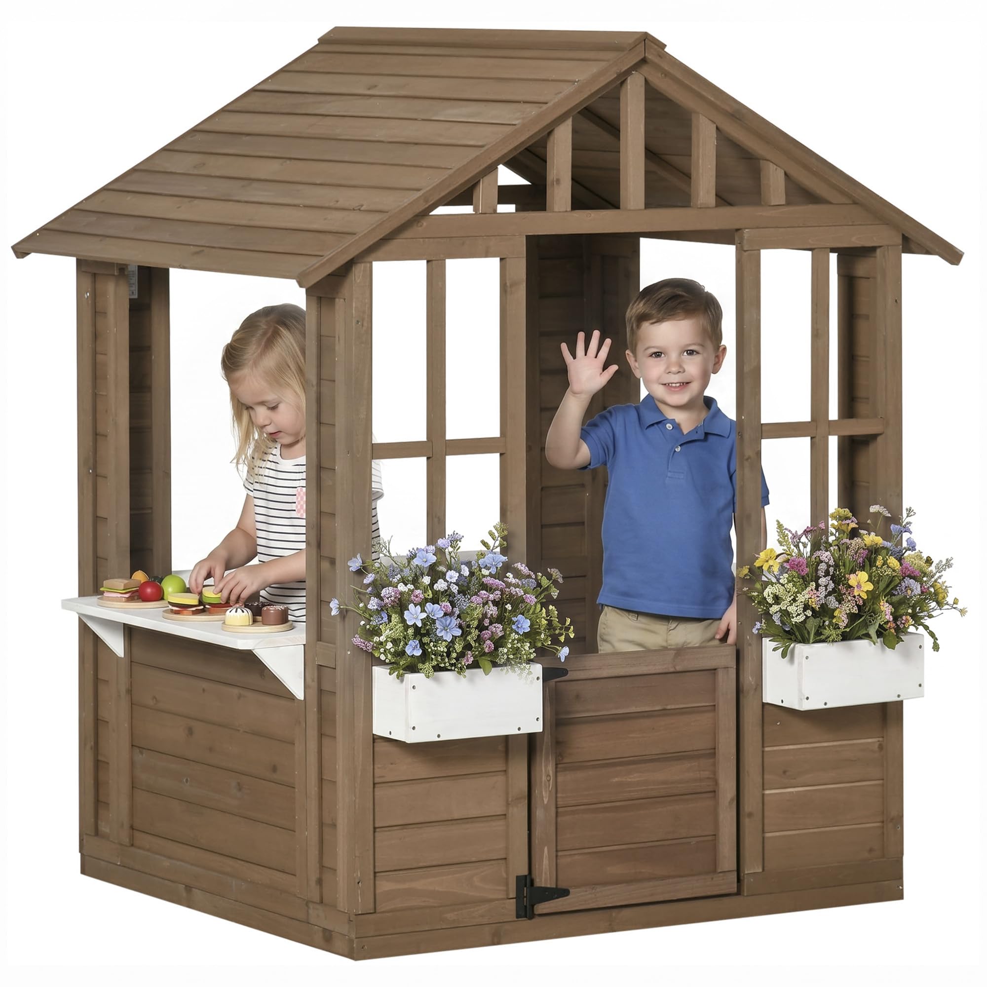 Outsunny Outdoor Playhouse Wooden Kids Playhouse with Working Door Brown