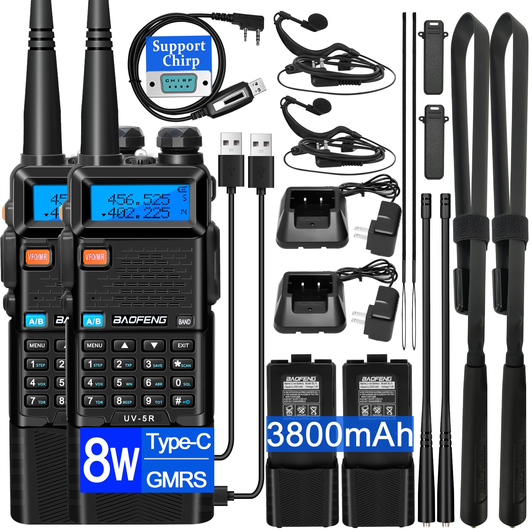 BAOFENGUV-5R Ham Radio Handheld: 8W Ham Radios Long Range UV5R Radio 3800mAh Rechargeable Walkie Talkies Two Way Radio with Programming Cable,Tactical Antenna and Earpiece for Survival Gear, 2 Pack