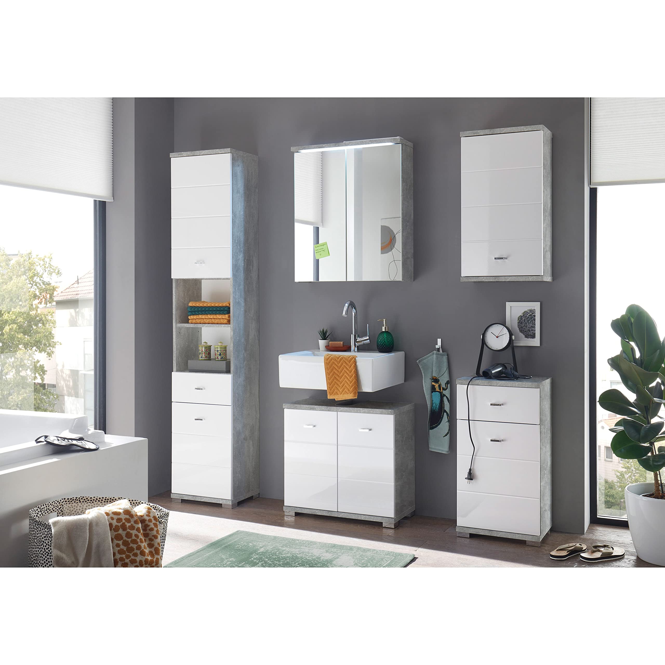 Stella Trading Badezimmer Waschbeckenunterschrank in Beton Optik, Weiß - Moderner Bad Unterschrank Badezimmerschrank mit viel Stauraum - 60 x 52 x 30 cm (B/H/T) | Moderner Badunterschrank mit weißer Hochglanz Front, 2 Türen, 1 Boden, Stauraum für Badutens
