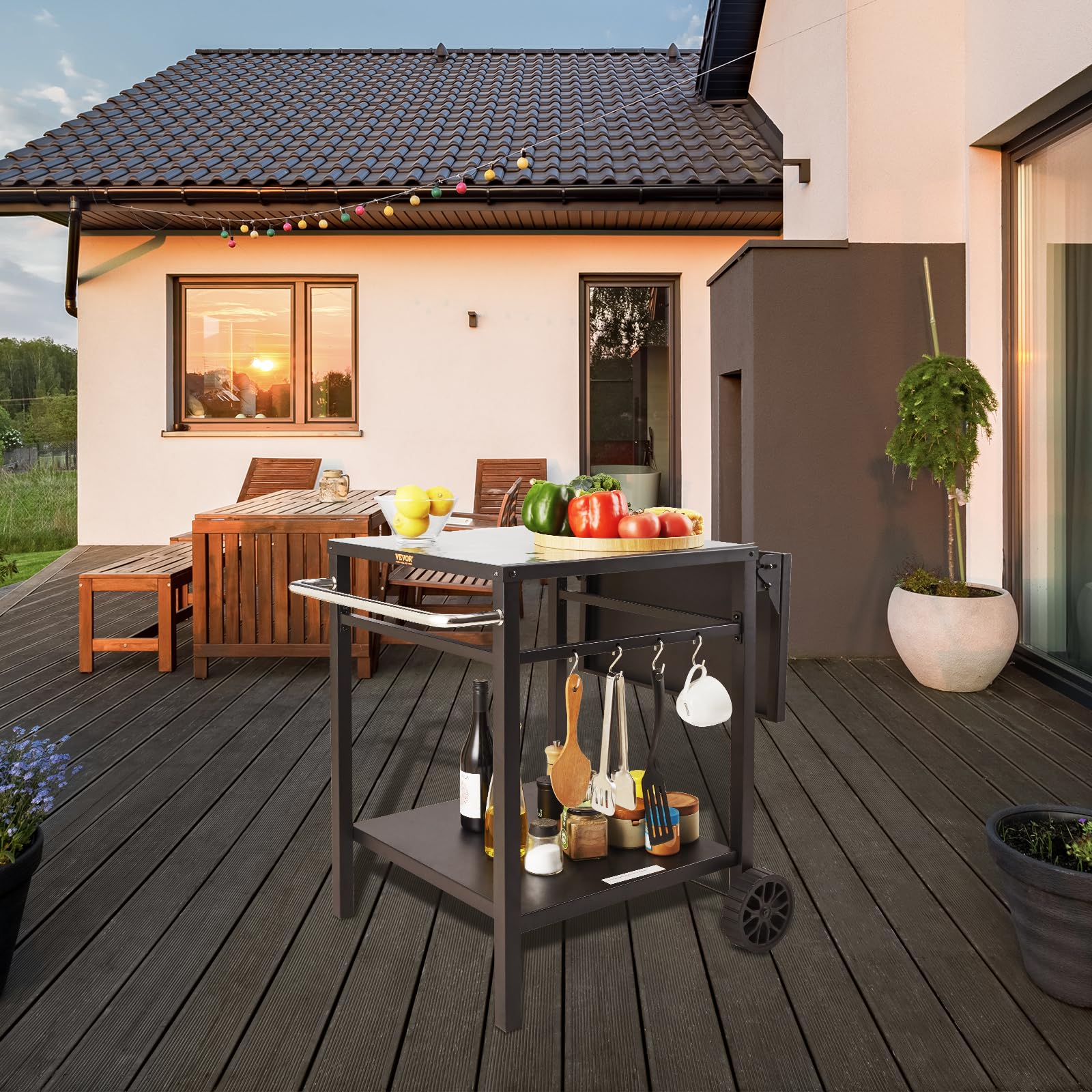 VEVOR Carrito de Comedor para Barbacoa al Aire Libre con Estante Doble, Mesa Móvil de Preparación de Alimentos para Barbacoa, Mesa de Hierro Plegable Multifuncional, Carros Modulares para Exteriores