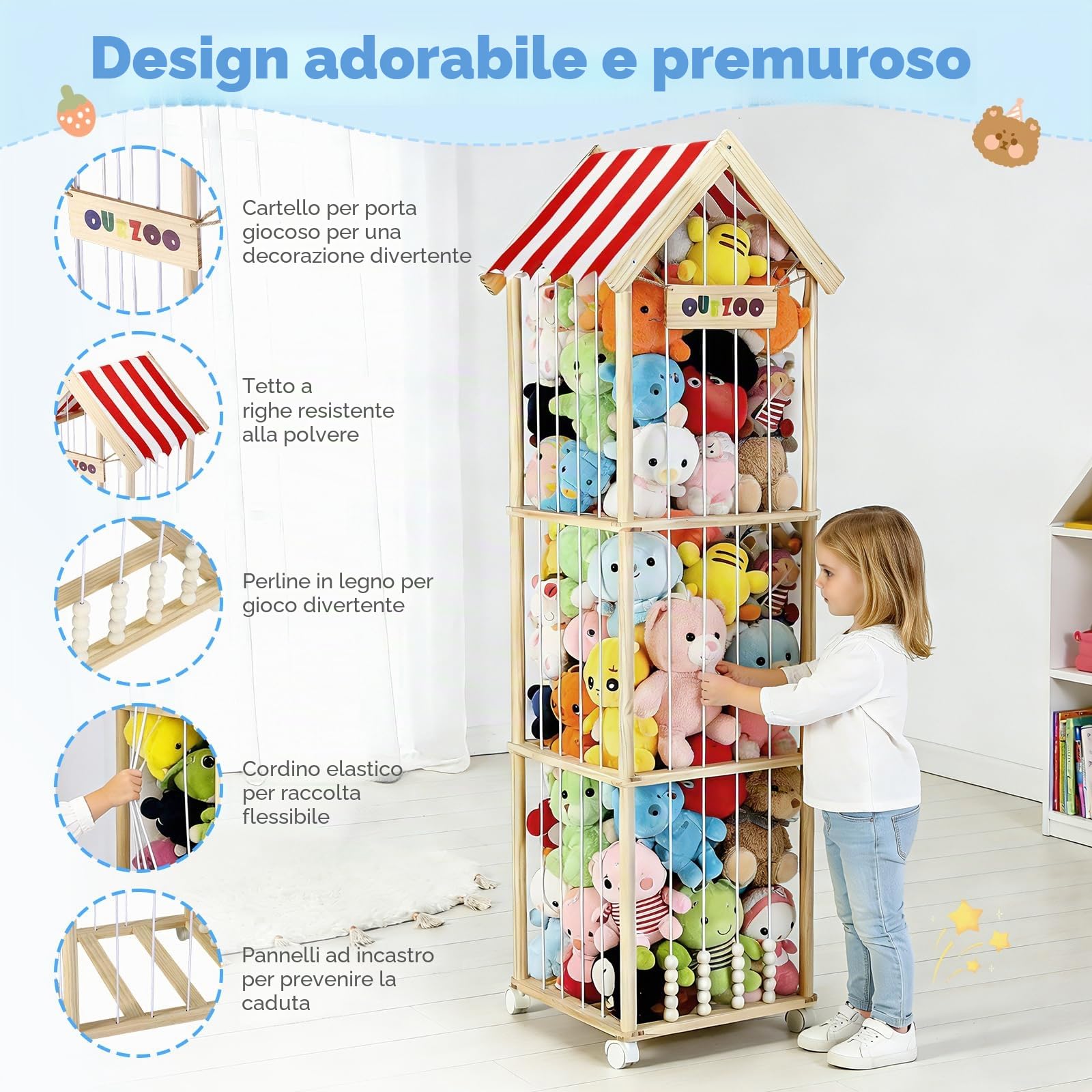 Porta Peluche in Legno Massello, Contenitore per Peluche con Ruote Frenate a 360°, 151x46x46CM per le Camere dei Bambini,Mobili per la Cameretta dei Bambini (Strisce)