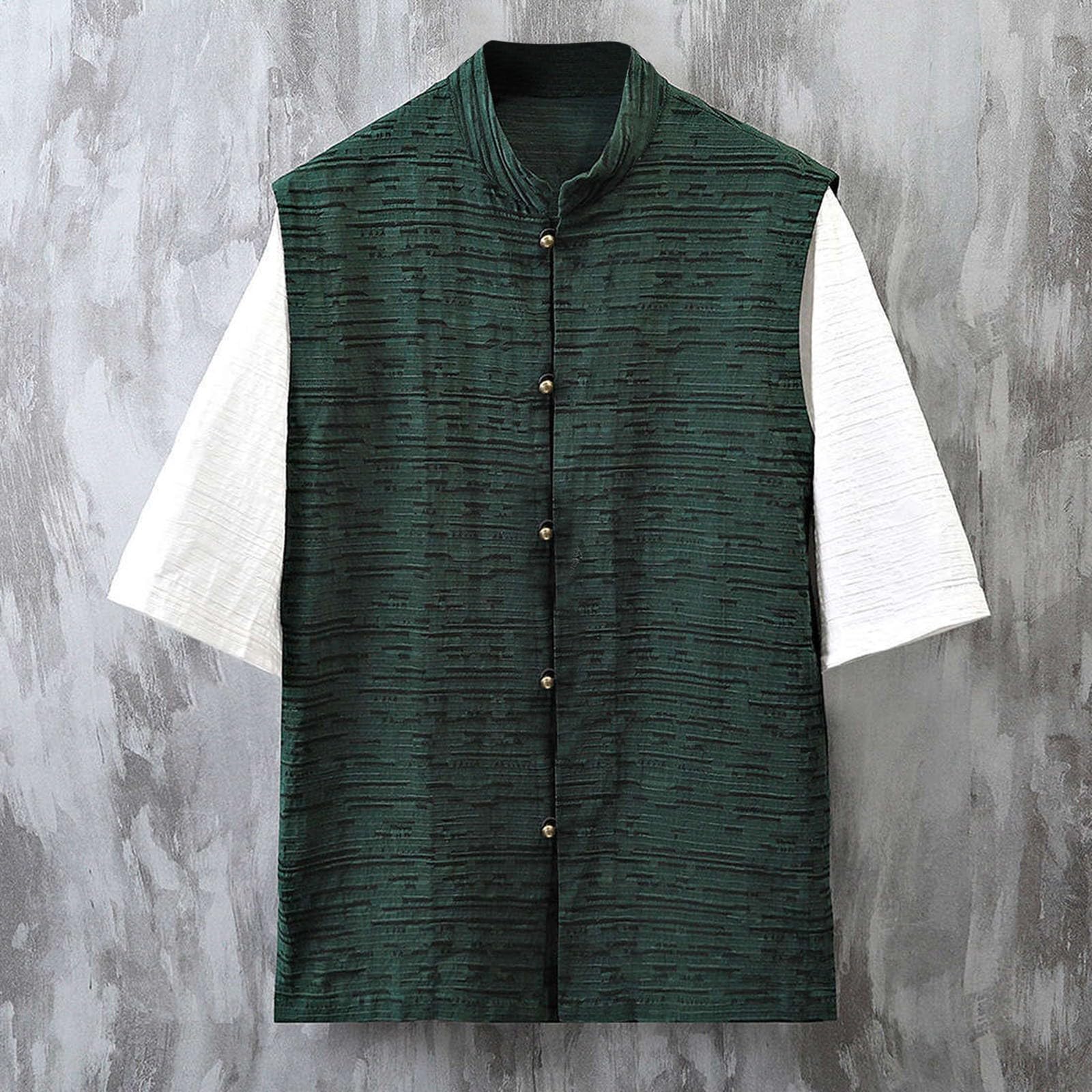 Camisa de Lino Hombre Manga 3/4 Verano Camisa Casual Hombre Cuello Redondo Diseño Combinado Ligera Transpirable Estilo Moderno Informal para Playa y Vacaciones