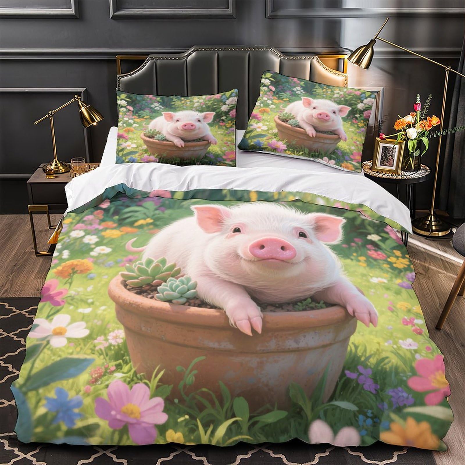 Niedliches Schweinchen isst Nudeln Bettbezug 3D Gedruckt Mikrofaser Pflegeleicht Schlafkomfort Bettdeckenbezug 3 Teilig Weich Reißverschluss mit Kissenbezug Atmungsaktiv for Männer & Kinder