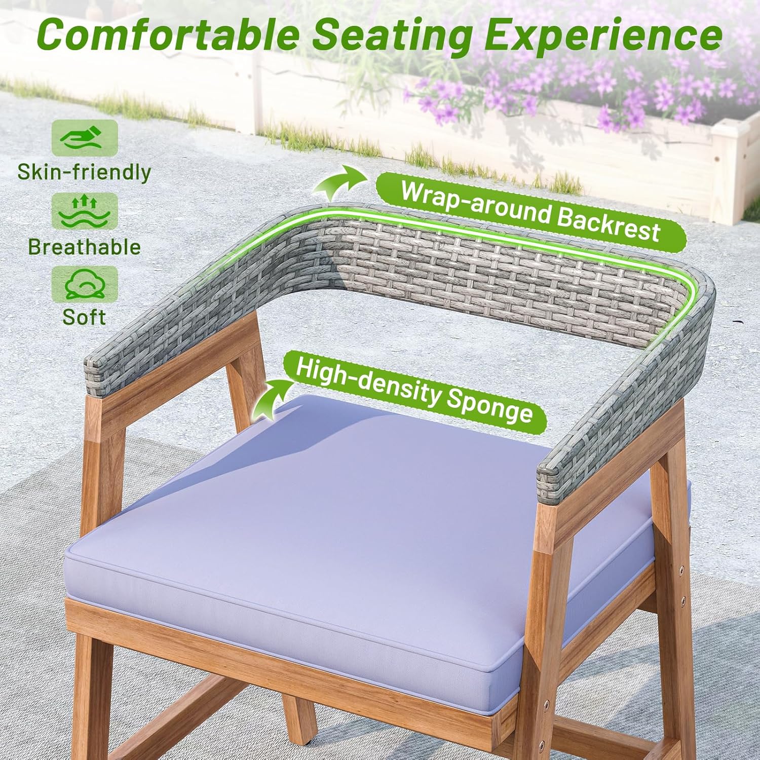 HAPPYGRILL Patio Acacia Wood Dining Chairs Set of 4, with Cushions and PE Wicker Backrests, Support 400 LBS, Outdoor Bistro Chairs for Lawn, Deck, Garden and Backyard