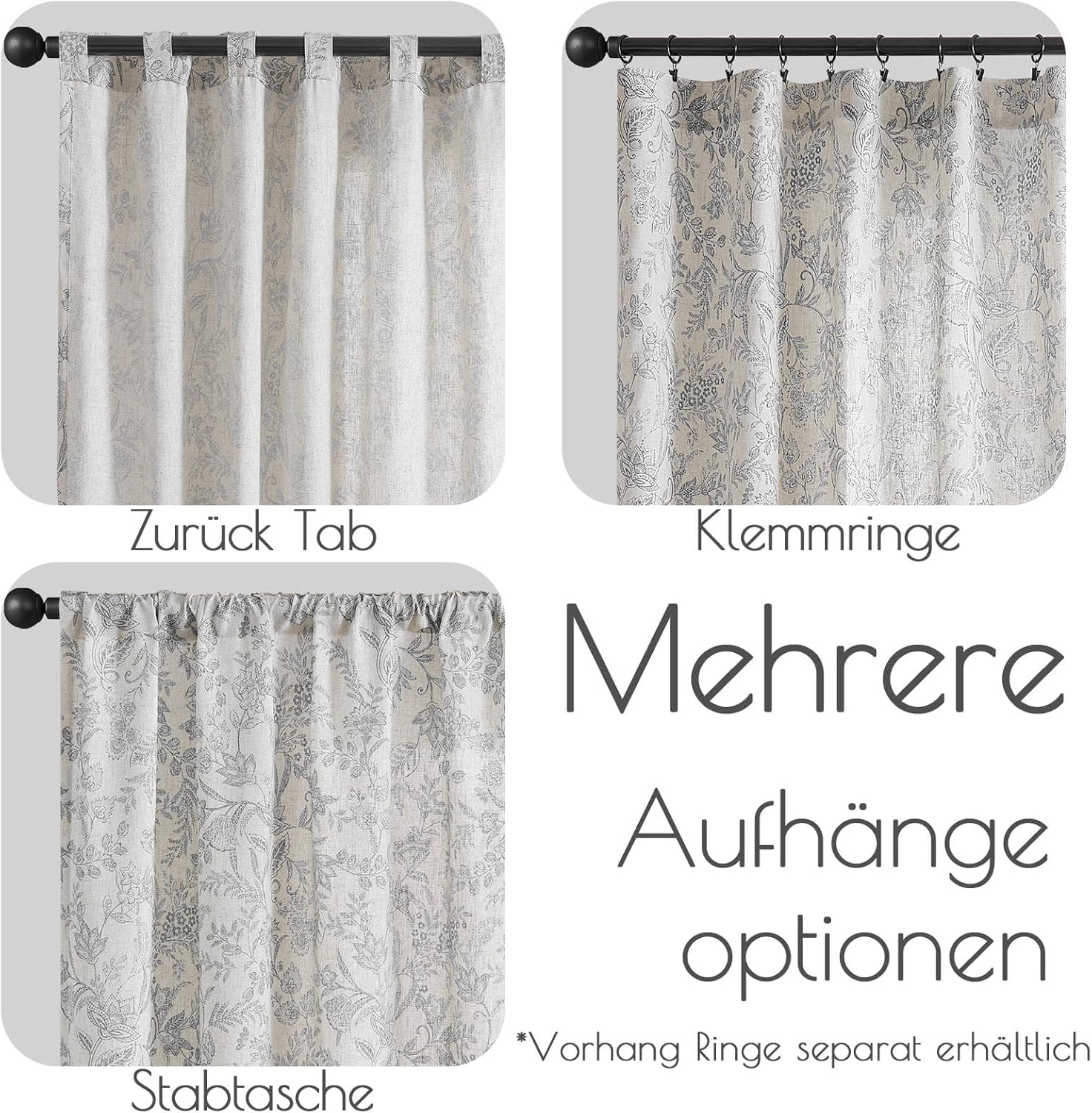 TOPICK Set di 2 tende floreali effetto lino, 210 x 140 cm (altezza x larghezza), grigio beige | Tende traslucide per soggiorno, stile rustico, oscuranti, con tunnel e passanti nascosti