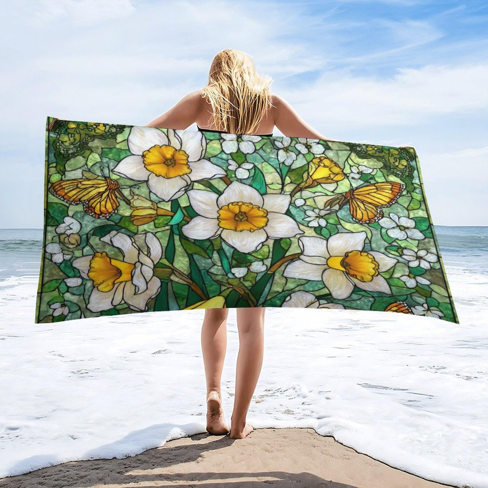 Luyysky Colorful Fantasy Daffodils Flowers Quick-Drying Beach Towel, Mid Century Classic Botanical White Flowers Animal Butterflies Travel Vacation Single Sided Pile Bathroom Towels