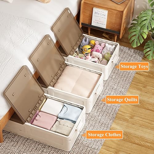 Miniatura 3 de GILLAS Paquete de 3 recipientes de plástico de almacenamiento debajo de la cama con tapas y ruedas, armario organizador de almacenamiento resistente